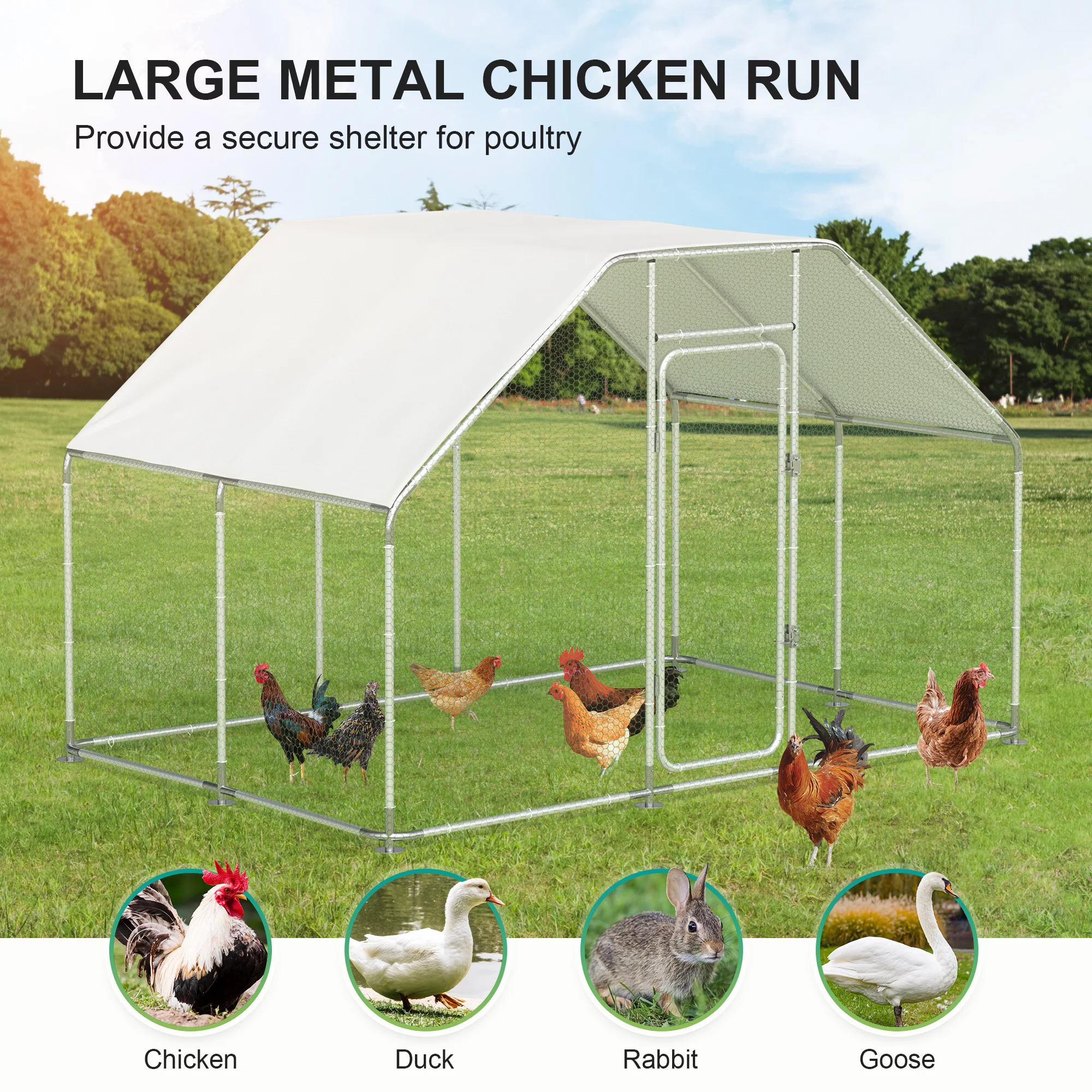 Large Metal Chicken Run, Large Chicken Coop 10x 6.6x6.6FT Flat-Top Heavy Duty Outdoor Chicken Pen Duck & Rabbit Walk-in Poultry Cage with Waterproof & UV-Resistant Cover for Backyard Farm