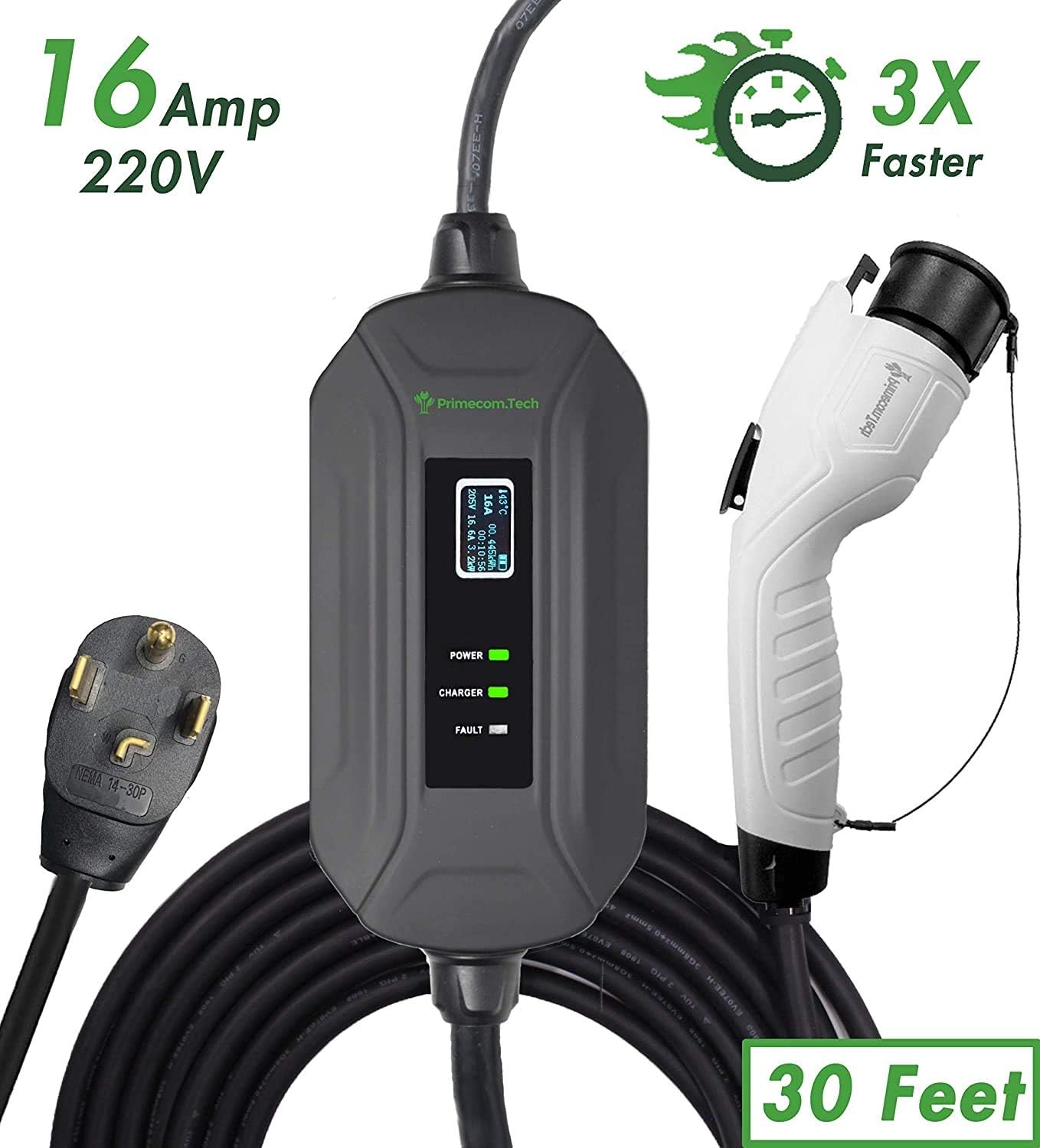 PRIMECOM Level 2 Electric Vehicle (EV) Charger (220V / 240Volt, 16Amp) Portable EVSE Smart Electric Car Charger, 30 Feet (14-30P Charger)