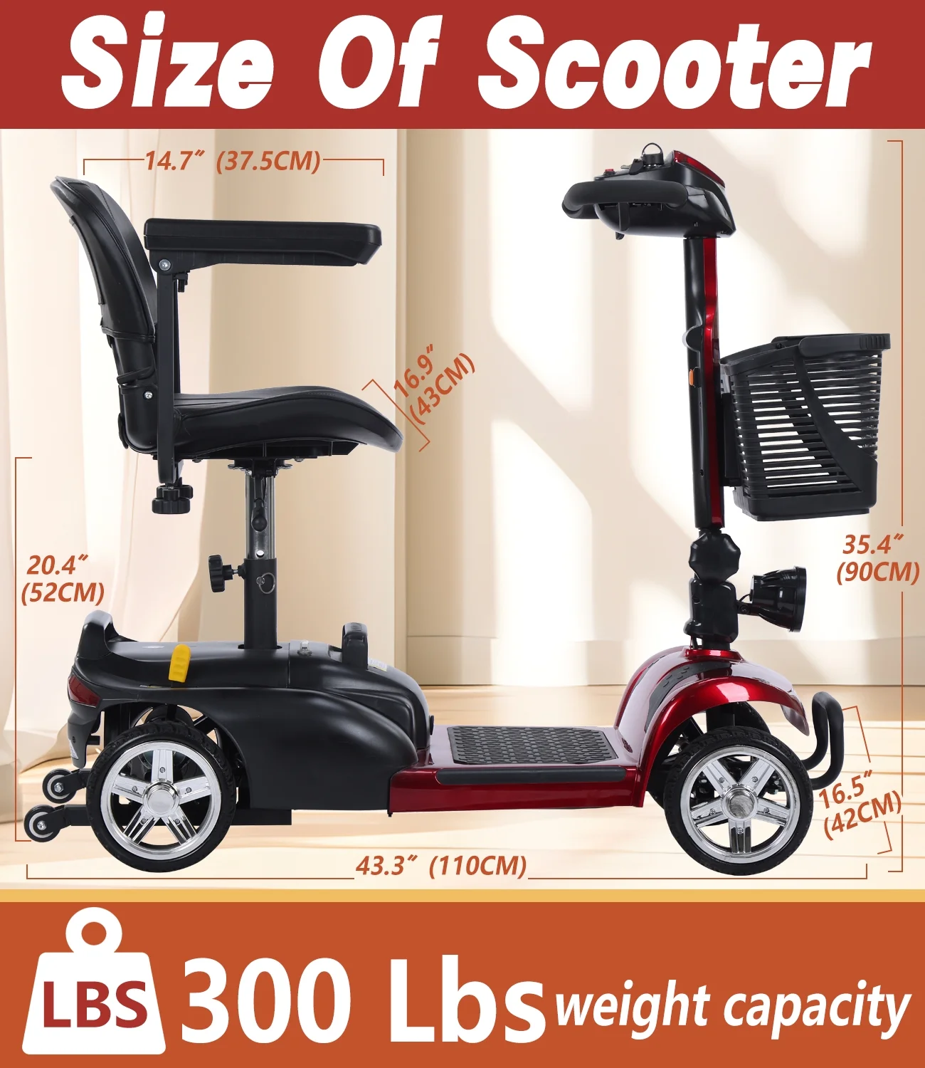 EazinGo 4 Wheel Mobility Scooter, Luxury Travel Scooters for Adults Support 300Lbs- Red