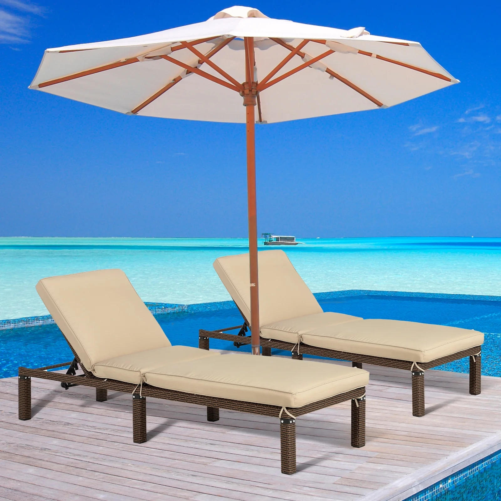 Magic Union Outdoor Rattan Wicker Chaise Lounge Chair with Adjustable Backrest & Cushion, Set of 2-Khaki