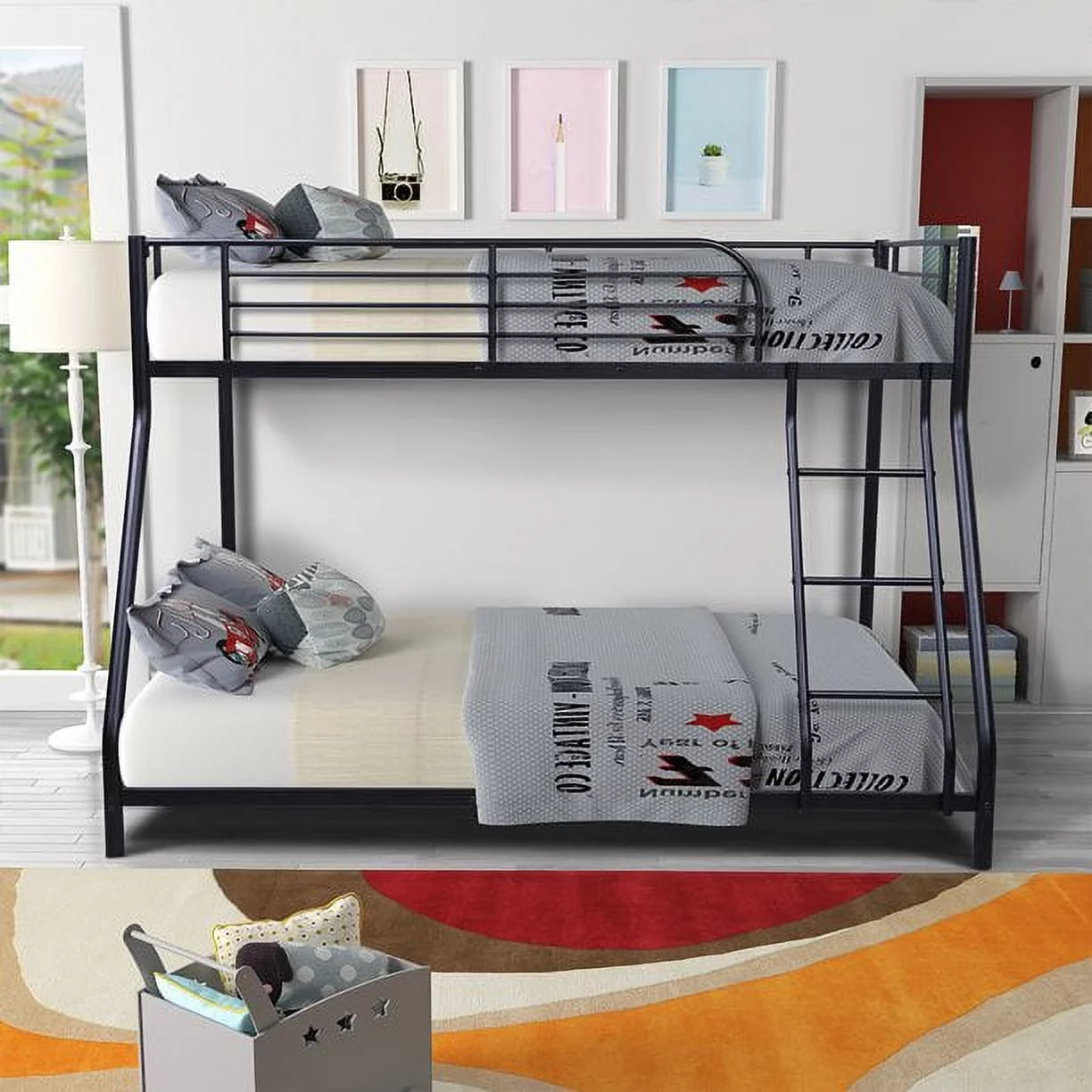 Bunk Bed, Twin Over Full Bunk Bed with Metal Frame and Ladder,  Heavy Duty Bunk Beds Twin Over Full Size for Adults Teens, Durable Bunk Bed Frame with Metal Support Slat, Safety Guardrail, Black, V278