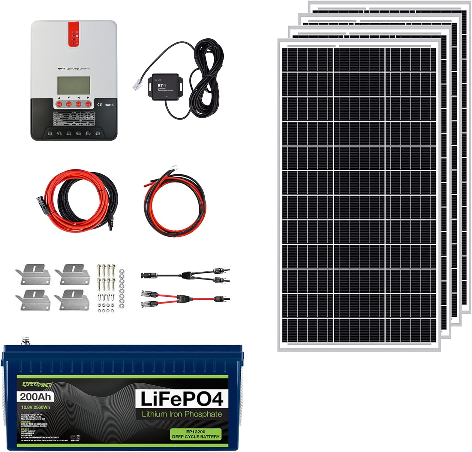 ExpertPower 2.5KWH 12V Solar Power Kit | LiFePO4 12V 100Ah, 400W Mono Solar Panels, 30A MPPT Solar Charge Controller, 2KW Pure Sine Wave Inverter Charger | RV, Trailer, Camper, Marine, Off Grid
