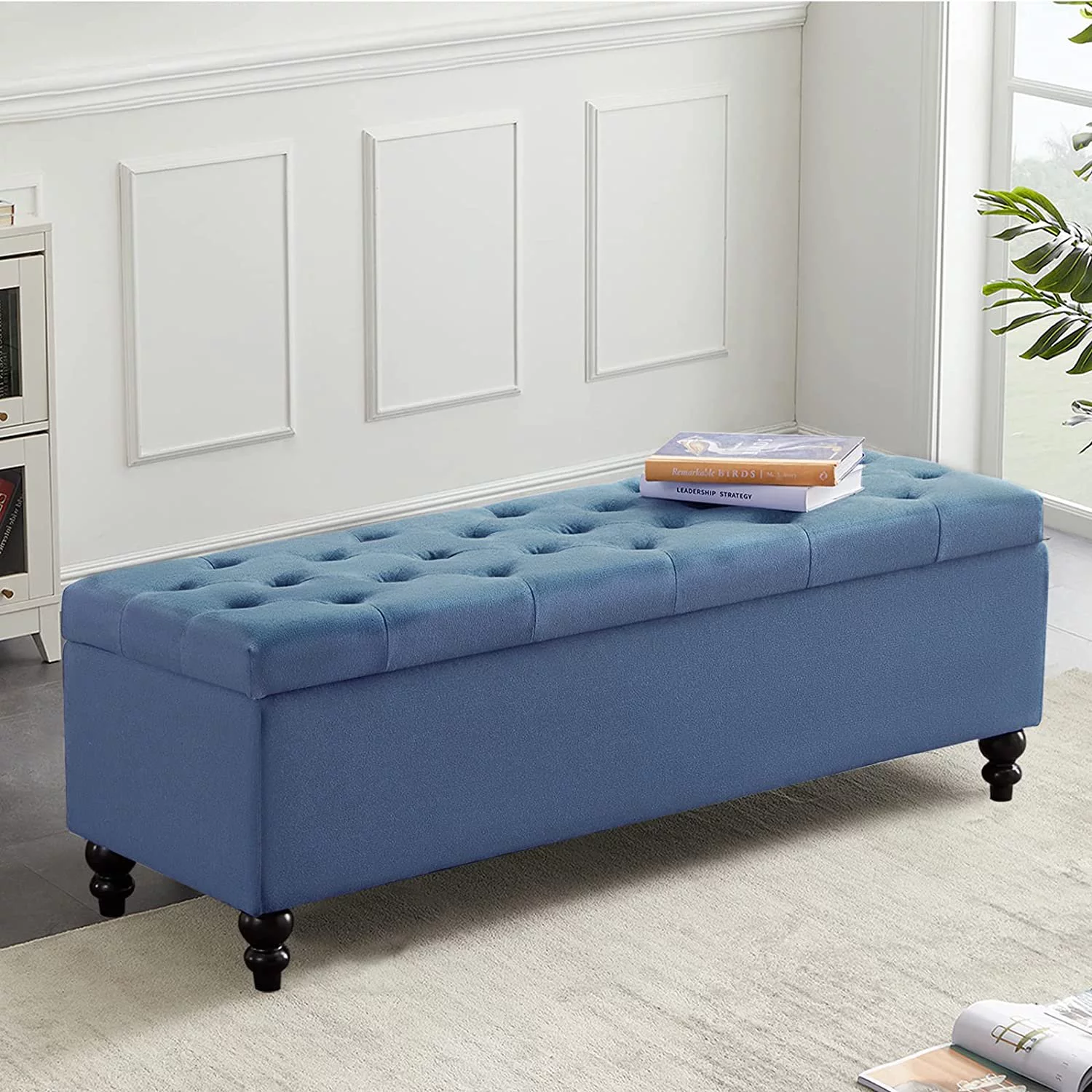 Kinmars 50.2" Ottoman with Storage, Large Storage Bench with Button-Tufted, Safety Hinge Ottoman in Upholstered Fabrics for Bedroom, Living Room(Blue)