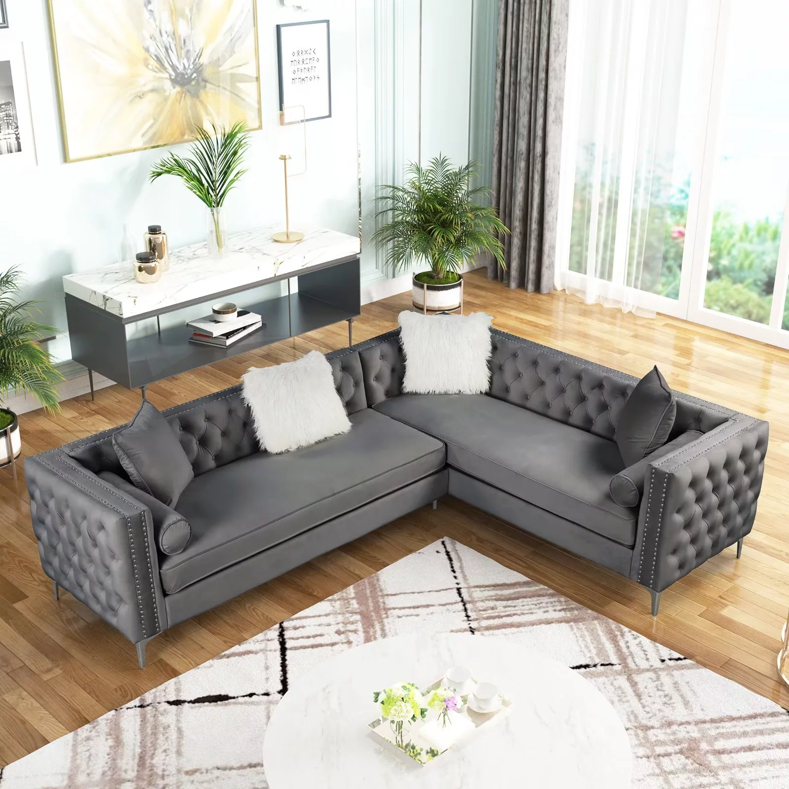 Morden Fort L-Shape Sectional Sofa for Living Room Velvet Corner Couch Sleeper with Pillows Gray
