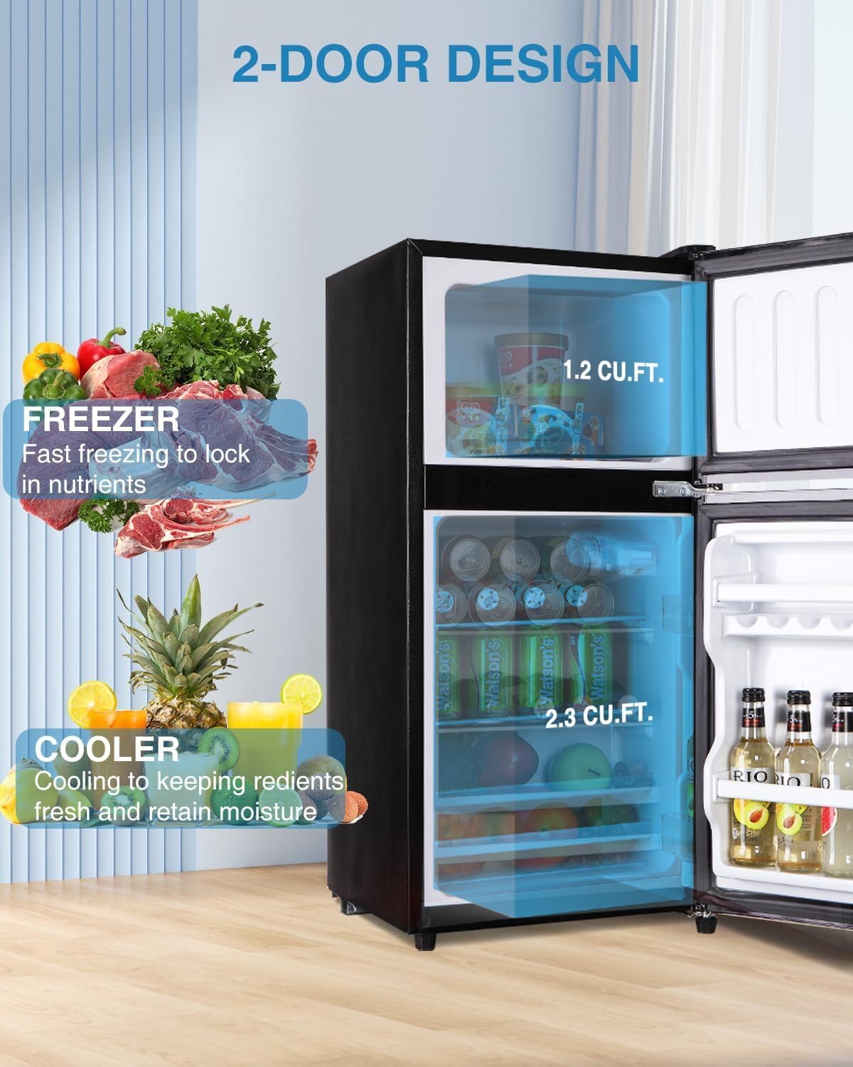 3.5 Cu Ft Mini Refrigerator with Freezer, 7-Level Adjustable Thermostat, Compact Refrigerator for Office, Dorm, Apartment, Black