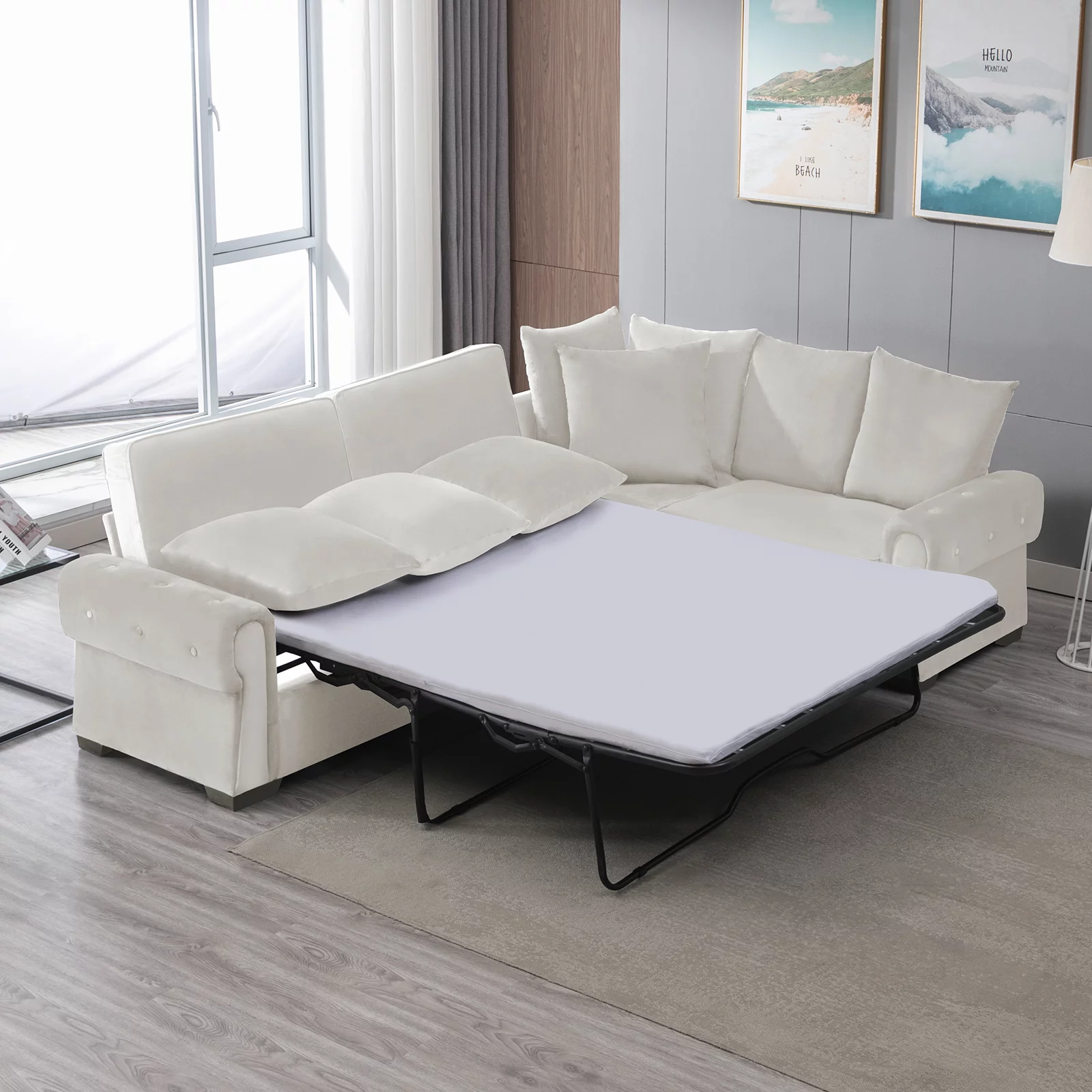 Mixoy 76"W L-Shaped Pull Out Sofa Bed, Convertible Sleeper Sofa, Reversible Velvet Large Couch with Mattress for Living Room/Office, Beige - Curated Treasures Market