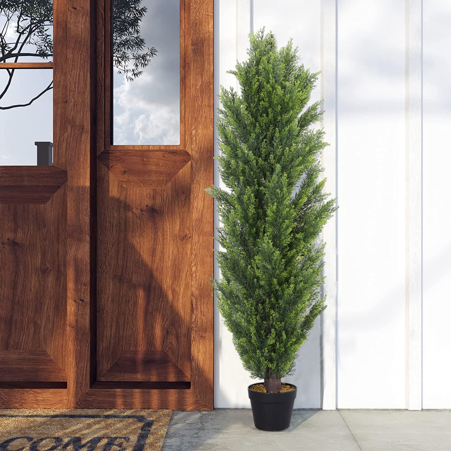 Poetree 2 Pack Artificial Tree 5 FT Artificial Cedar Topiary Trees for Outdoors Potted Fake Pine Trees Faux Evergreen Plants for Home Porch Decor