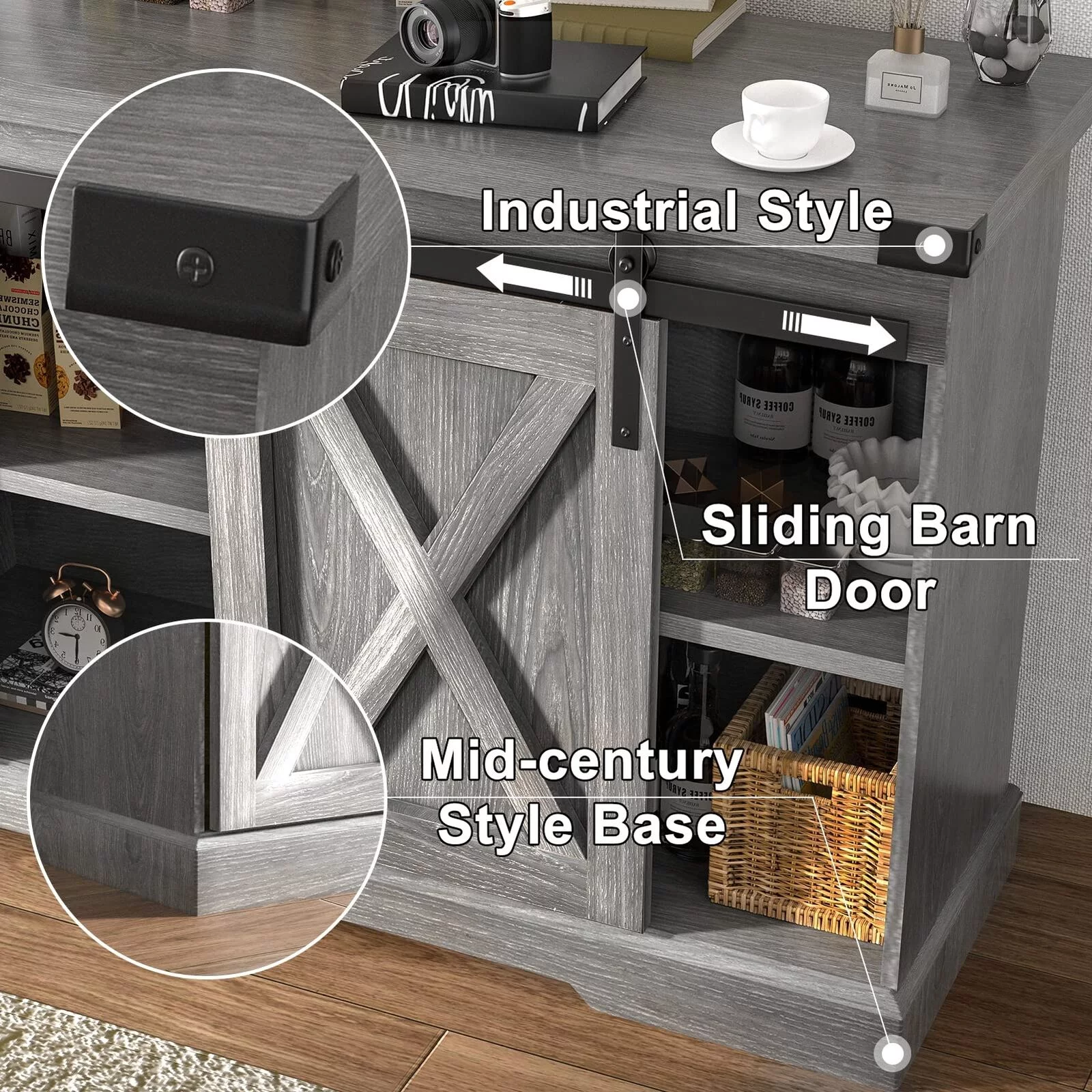 Chvans Farmhouse Barn Door TV Stand for up to 65 TVs /23 Electric Fireplace, Entertainment Center Console Table with Adjustable Shevles(58)