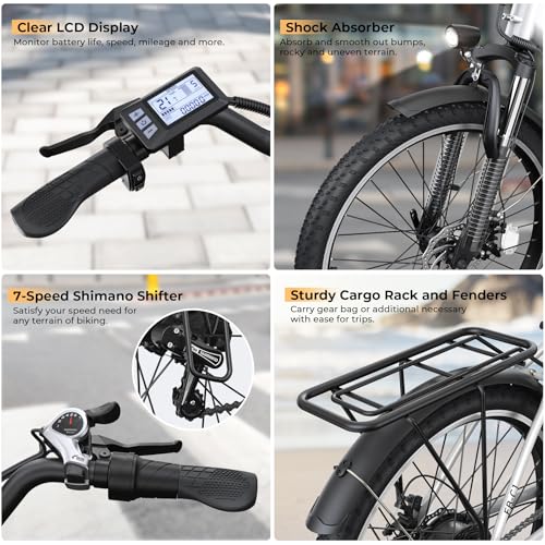 Electric Bike for Adults, 1000W Peak Ebike, 21.7MPH 50Miles City Cruiser Ebikes, 26" Step Thru Electric Bicycle with 48V Removable Battery, Adjustable Stem, Rear Rack, Front Suspension,7 Speed