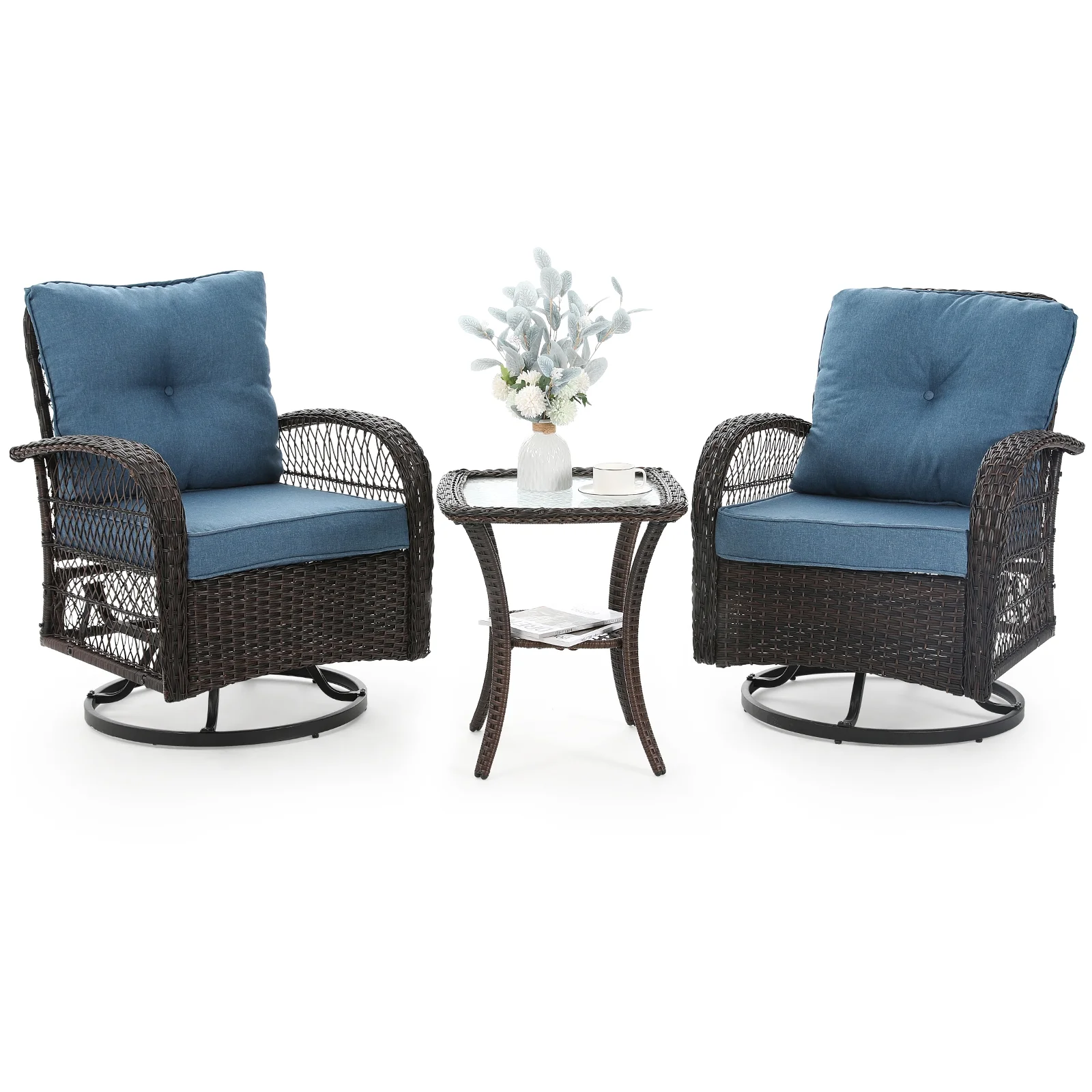 UDPATIO 3 Pieces Patio Furniture Set, Outdoor Swivel Gliders Rocker, Wicker Patio Bistro Set with Rattan Rocking Chair, Glass Top Side Table and Thickened Cushions for Porch Deck Backyard (Navy)