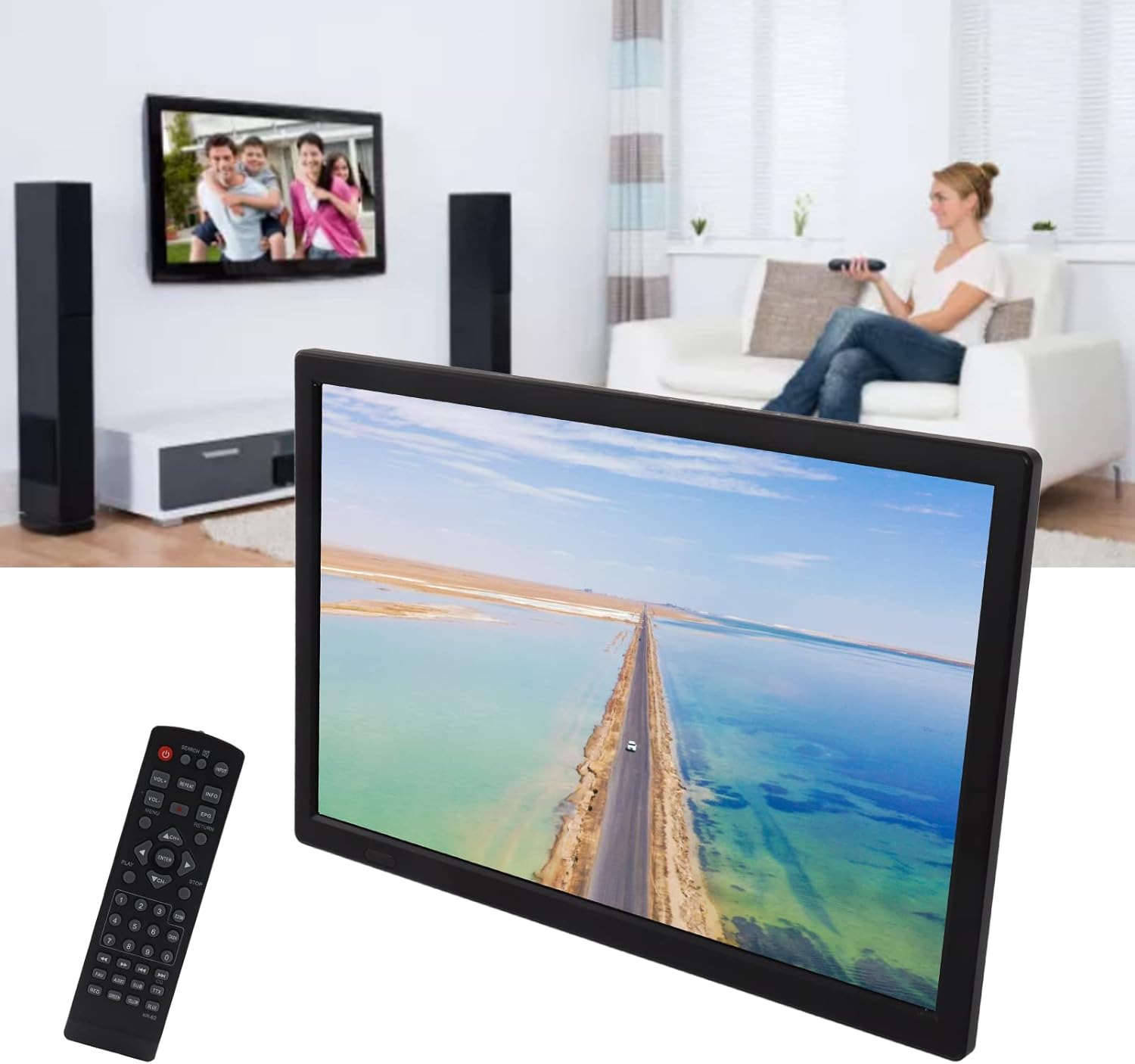 Portable Digital TV, 15.4 inch Rechargeable LED TV with High Sensitivity Tuner for Car and Outdoor, Supports 1080p Video, MV, MOW, AVI, W, MP4, FIV