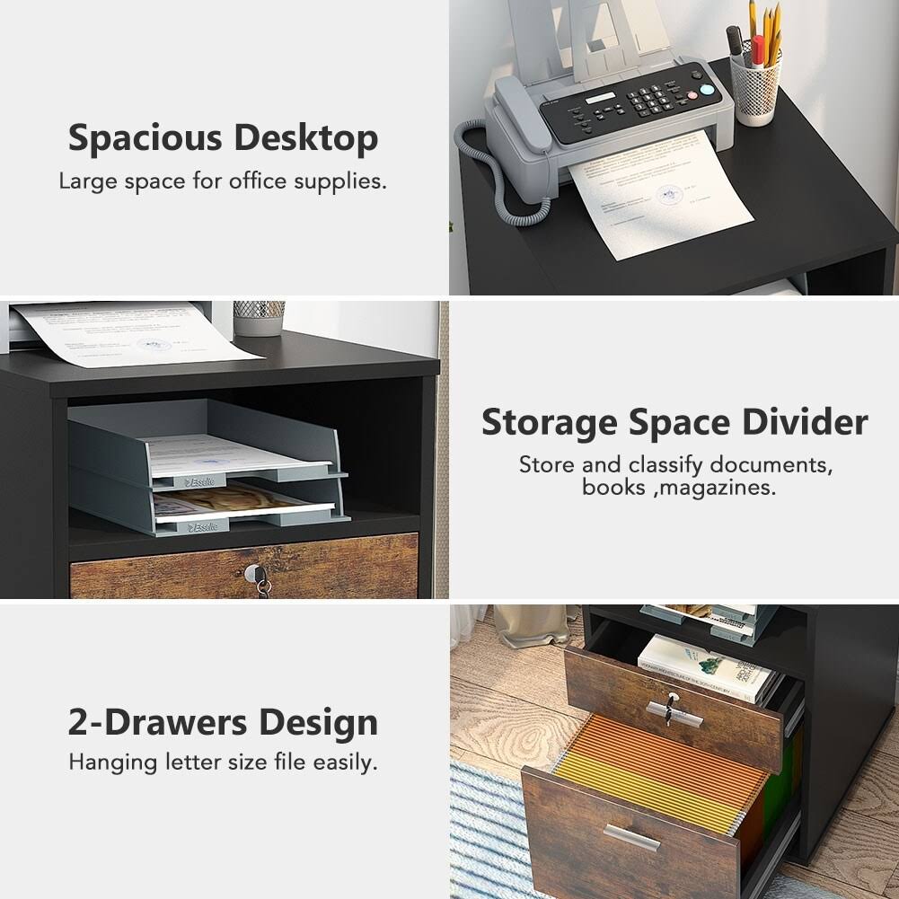 2 Drawer Mobile File Cabinet with Lock, Filing Cabinet Printer Stand for Letter Size - Black