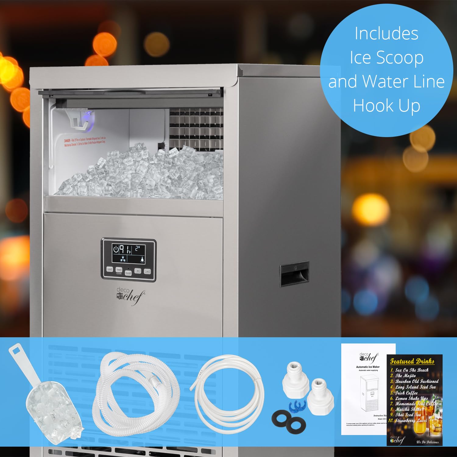 Deco Chef Floor Standing Ice Maker 99lb Every 24 Hours 33lb Storage Capacity Stainless Steel Great for Homes, Basements, Bars, Garages, Pool Houses, Includes Connection Hoses and Ice Scoop