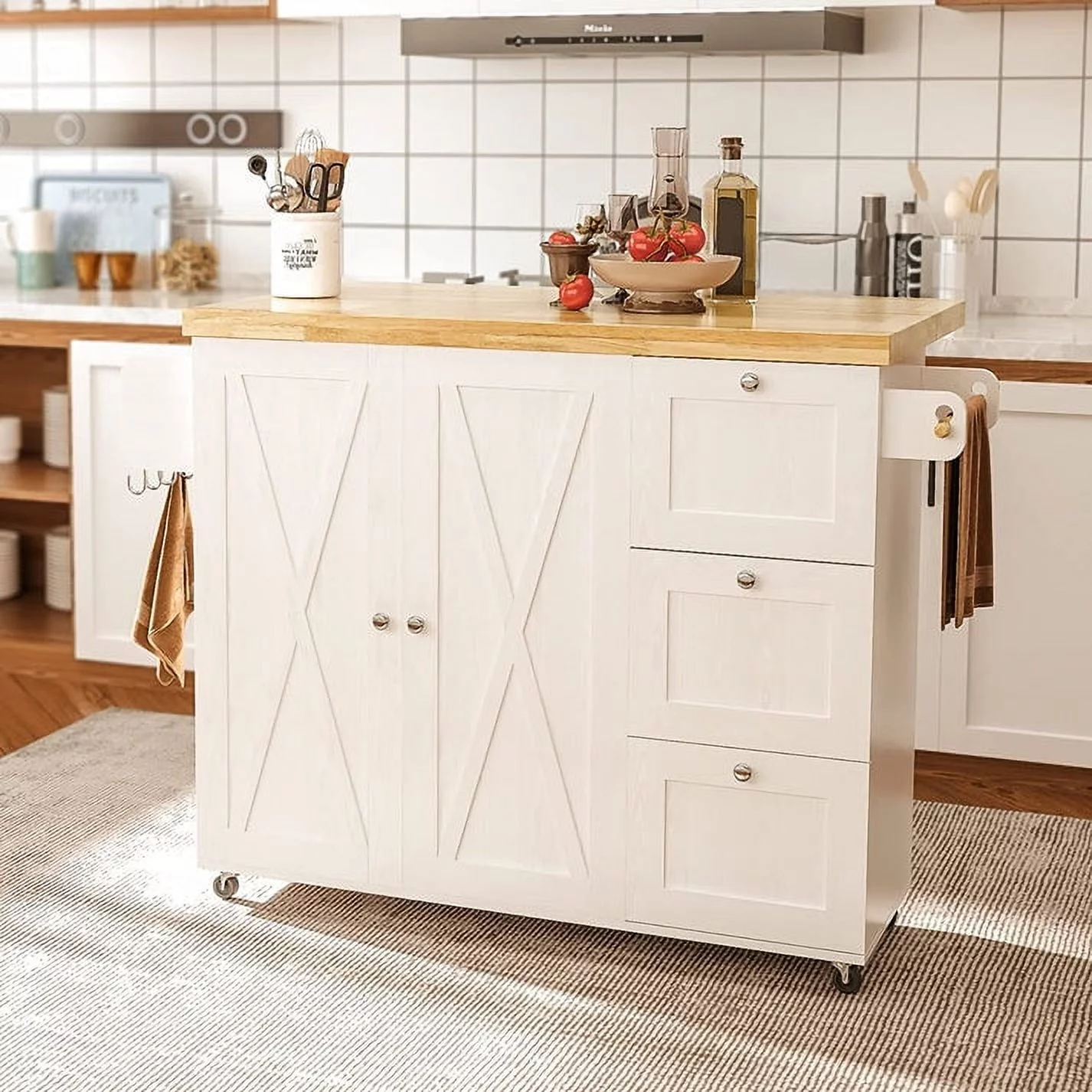 IRONCK Rolling Kitchen Island Cart with Drop-Leaf Countertop 3 Drawers for Kitchen and Dining Room, white