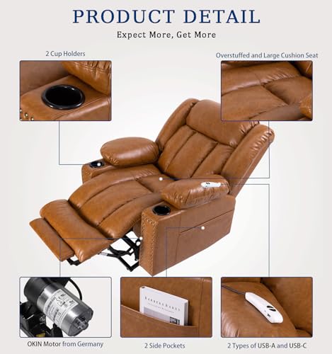 Large Power Lift Chairs Recliners for Elderly with Heated and Massage, Overstuffed Adjustable Lift Chairs, 3 Positions, Breathable Leather, USB-A and USB-C, Cup Holder, Side Pocket Dark Brown
