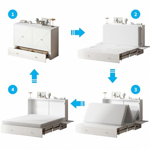 Mjkone Queen Size Murphy Bed with Tri-Folding Mattress, Charging Station, Modern Cabinet Bed with Drawers, Multifunctional Design Wall Murphy Beds for Living Room, Apartment (Cherry Pattern H)