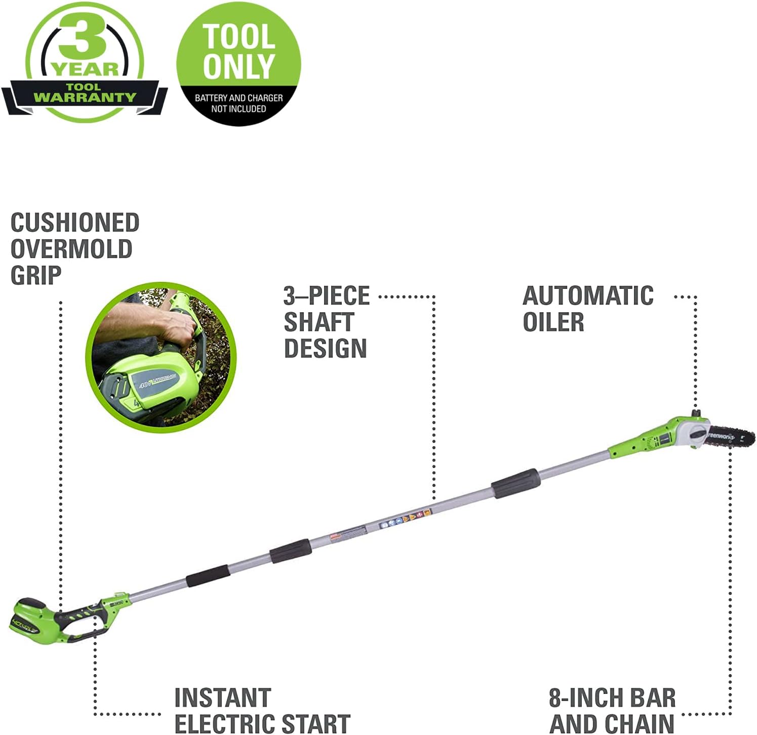 Greenworks 40V 8-Inch Cordless Pole Saw, Battery and Charger Not Included, 20302 Pack of 2