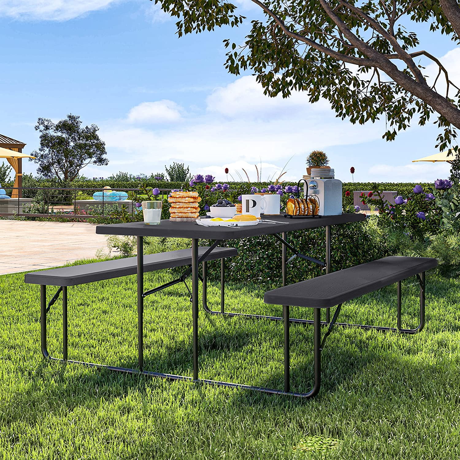 Dextrus 6ft Folding Picnic Table Heavy Duty Outdoor Picnic Table and Bench Resin Tabletop & Stable Steel Frame w/Umbrella Hole for Yard Patio Lawn Party Black