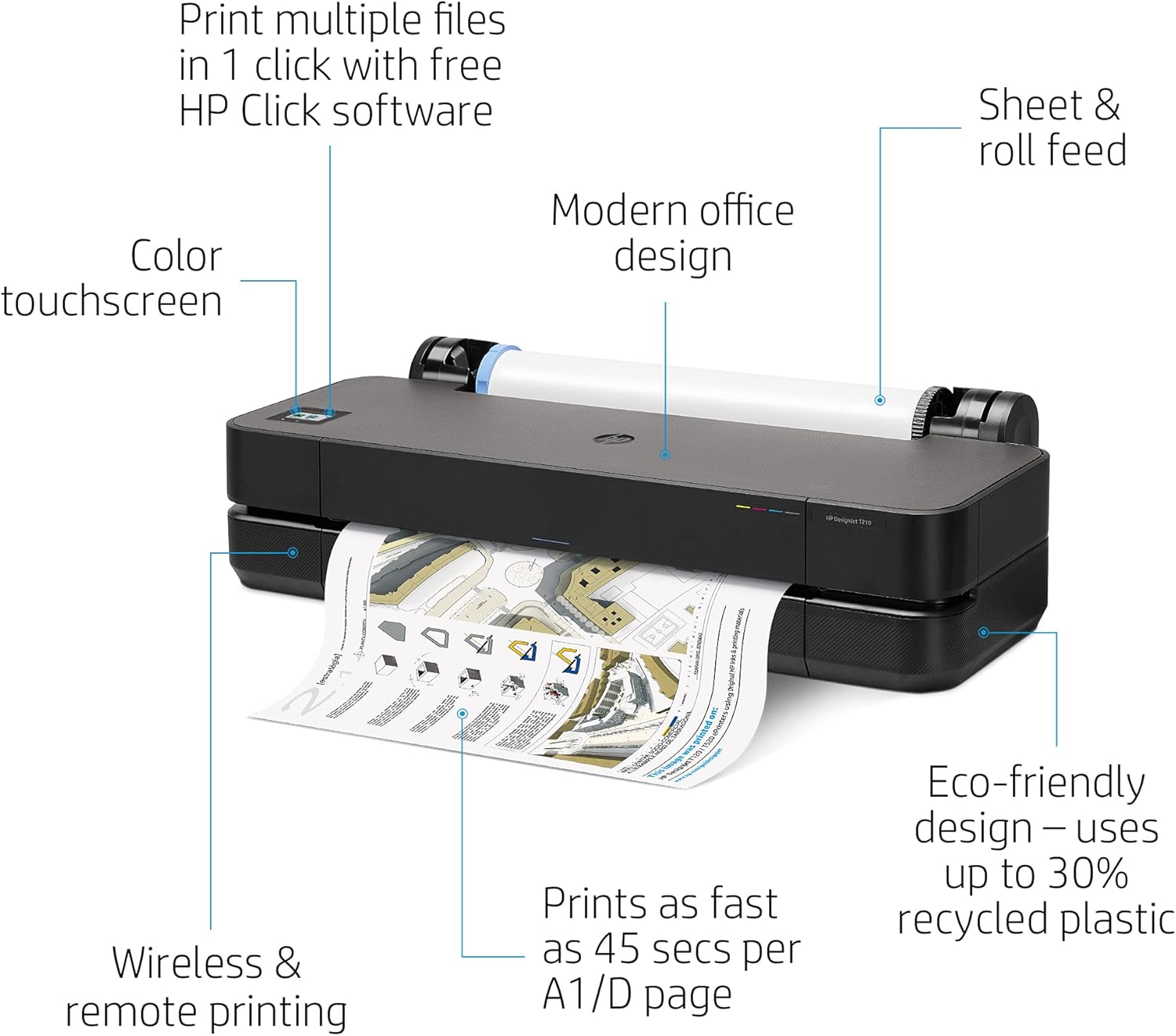 HP DesignJet T210 Large Format Compact Wireless Plotter Printer - 24", with Modern Office Design (8AG32A)