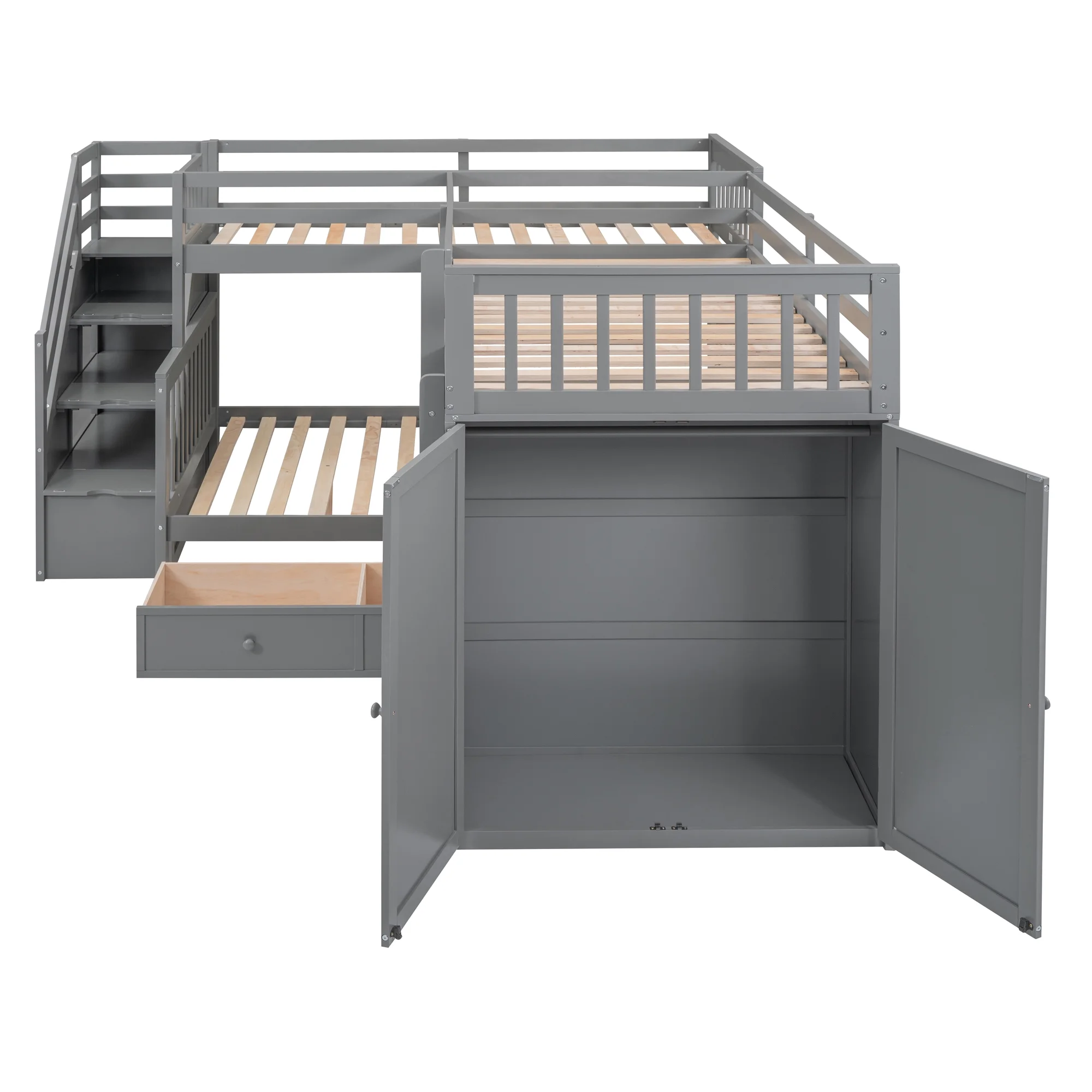 Churanty Twin-Twin Over Full L-Shaped Bunk Bed with Wardrobe Space,Solid Wood Staircase Bunk Bed with Portable Desk,Gray
