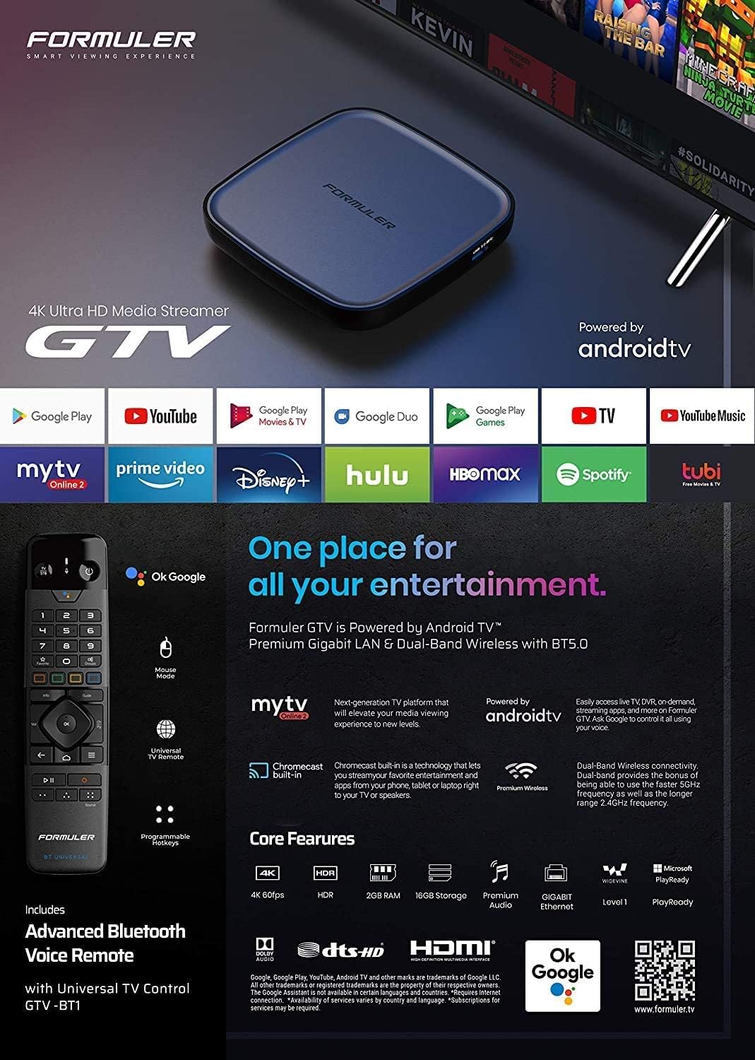 Formuler GTV Certified Android Tv OS 9.0 with Real Bluetooth Voice Remote Control + Bonus USB Type C to Lightning Cable