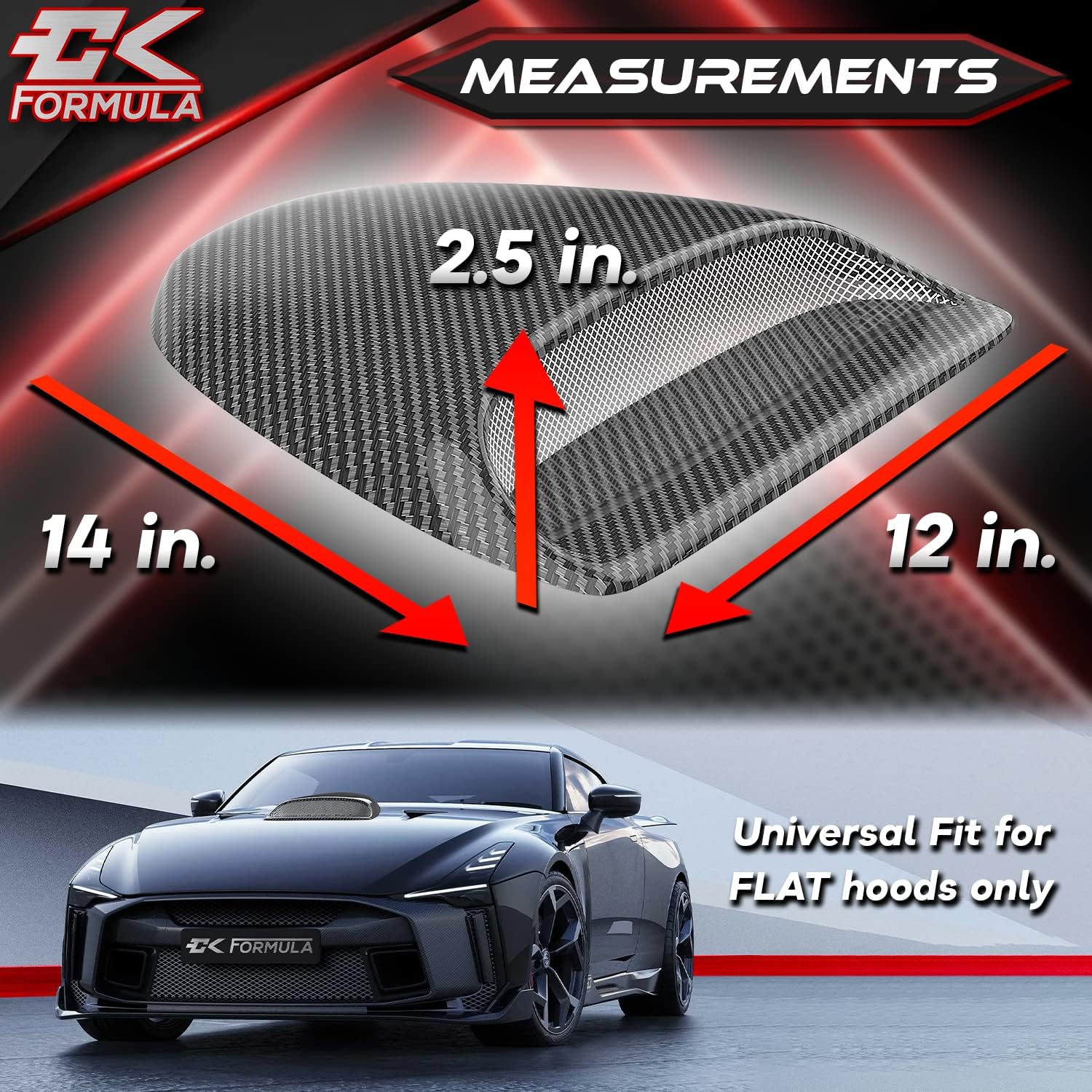 CK Formula Carbon Fiber Hood Scoop - Front Car Hood Vent Cover, No-Drill Universal Fit for Flat Hoods, Coupe, Trucks, SUV, JDM Style Body Kit, Waterproof, Aftermarket Automotive Accessory, 1 Piece