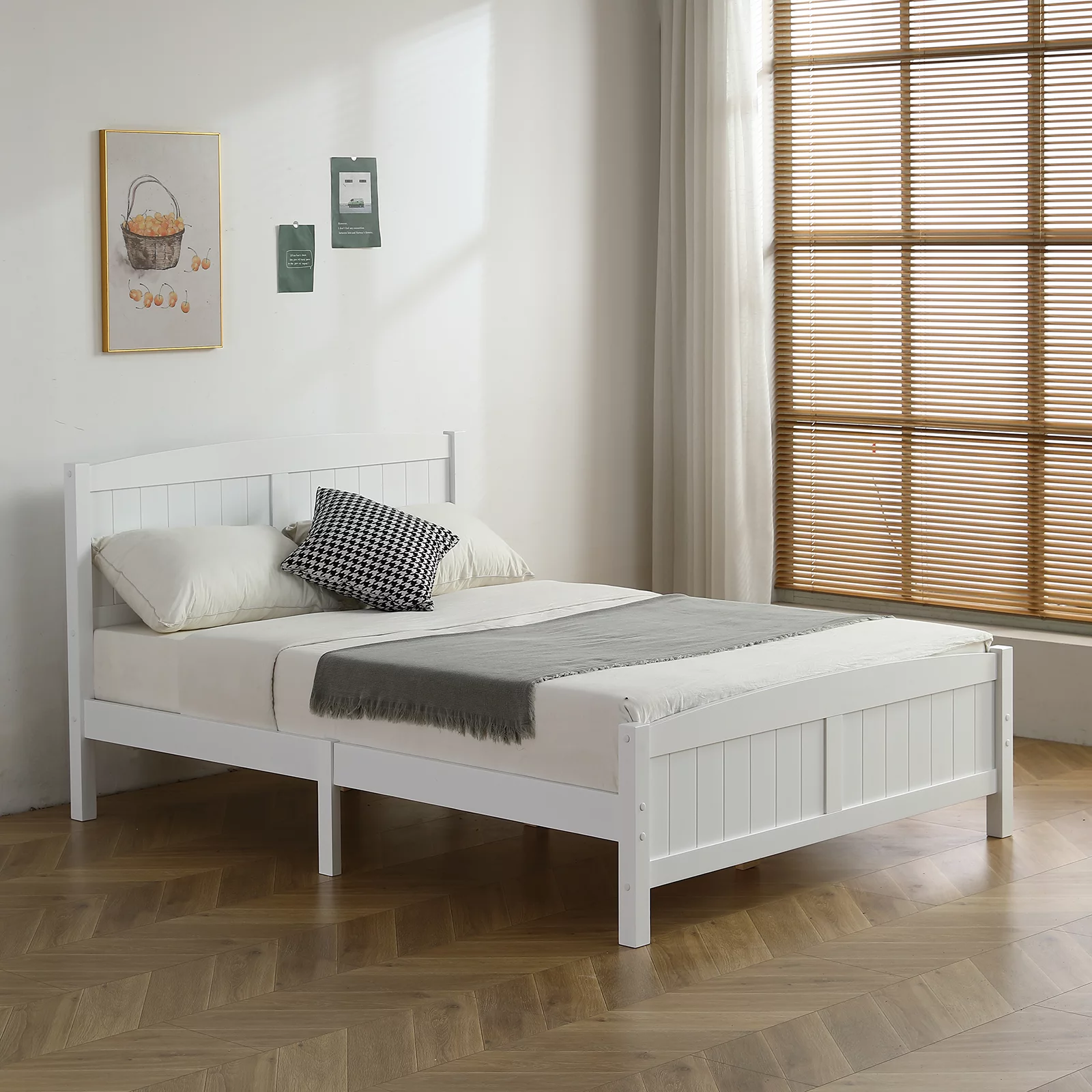 Paproos Full Size Bed Frame, Modern Wood Platform Bed with Headboard and Footboard, Strong Wooden Slats Support, Heavy Duty Full Bed Frame for Kids Teens Adults, No Box Spring Needed, White