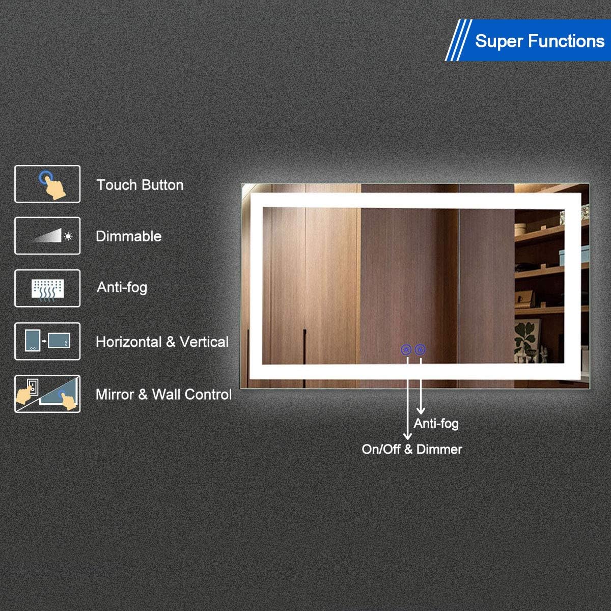 BHBL 60 x 36 Inch Illuminated LED Bathroom Mirror with Smart Button, Anti Fog, Dimmable, Bluetooth Speakers, Vertical & Horizontal Mount, Hotel Office Bar Mirror (D224-6036A)