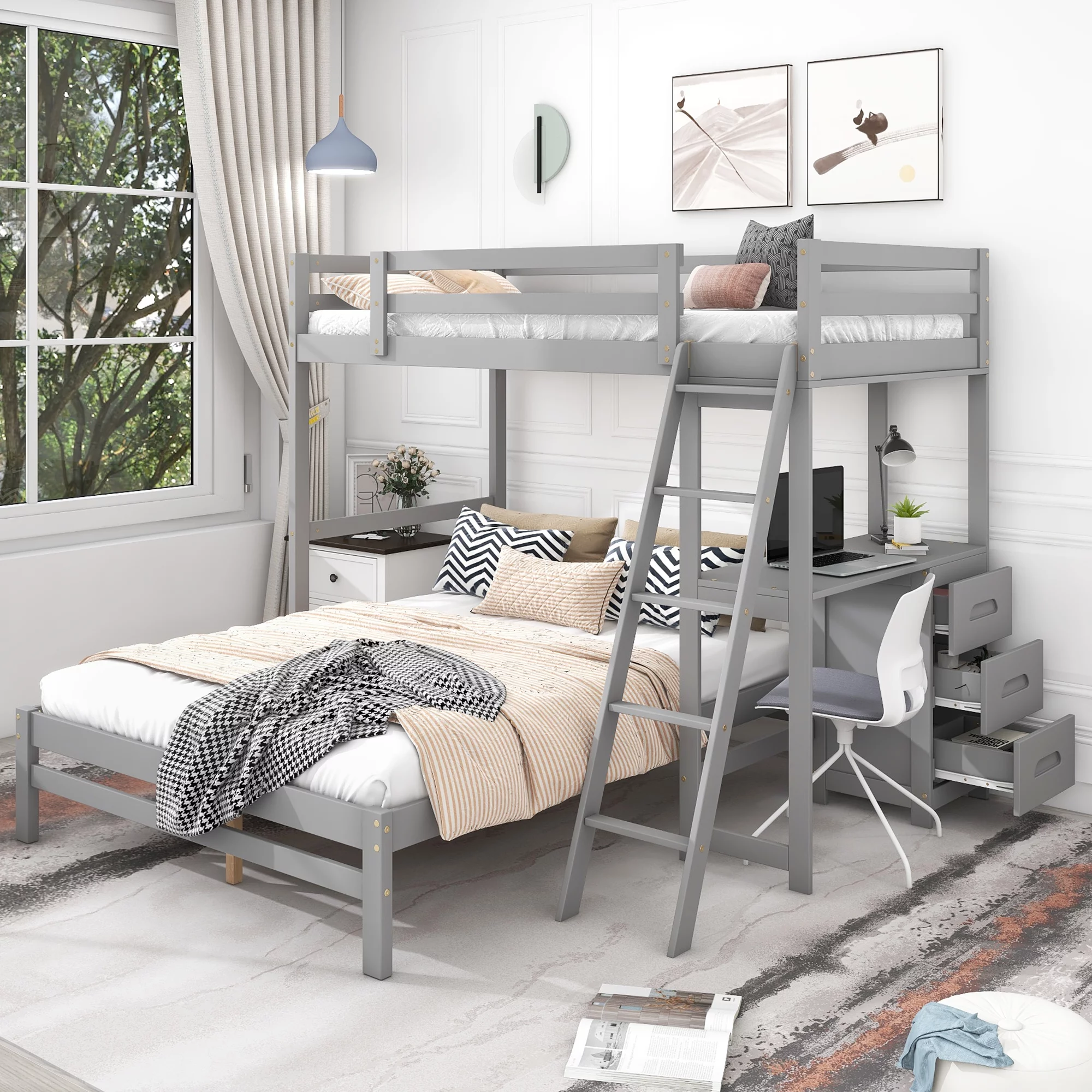 EUROCO Twin over Full Bunk Bed with Desk and Drawers for Kids Room, Gray