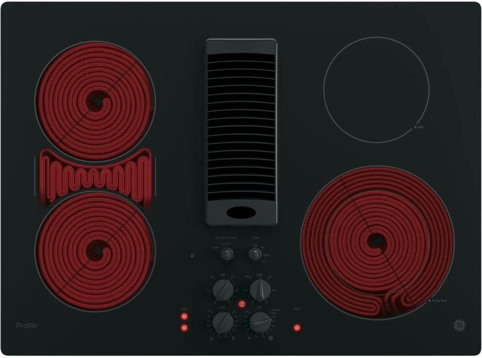 GE PP9830DJBB Profile Series Electric Cooktop with 4 Burners and 3-Speed Downdraft Exhaust System, 30", Black