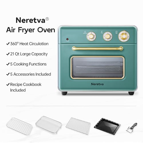 Neretva Air Fryer Toaster Oven Large 21 QT, 5 In 1 Countertop Oven, Fit 8" Pizza Convection Air Fryers Oven for Family, Include 6 Accessories & Cookbook, Stainless Steel, ETL Certified, Vintage Green
