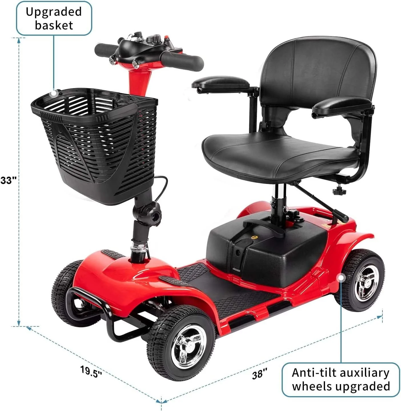 1inchome 4 Wheel Mobility Scooter for Seniors, Folding Electric Powered Wheelchair Device for Adults, Elderly, Gift for Elderly, Red