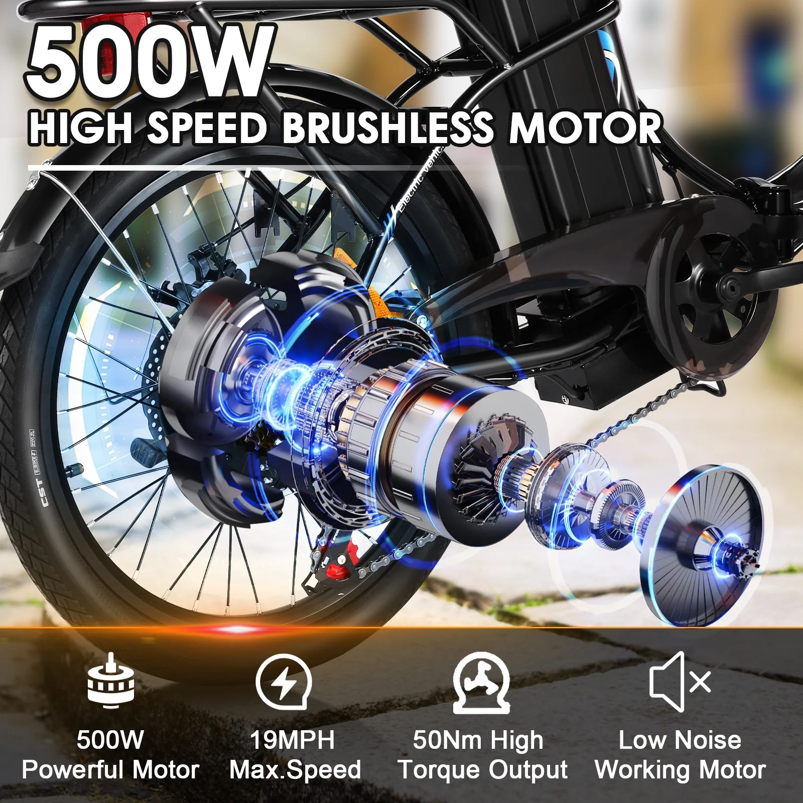Elifine 500W Folding Electric Bike for Adults, 20" Foldable Ebike with 5 Riding Modes, 48V 7.8Ah Battery, 50 Miles Range Commuter City Electric Bicycle
