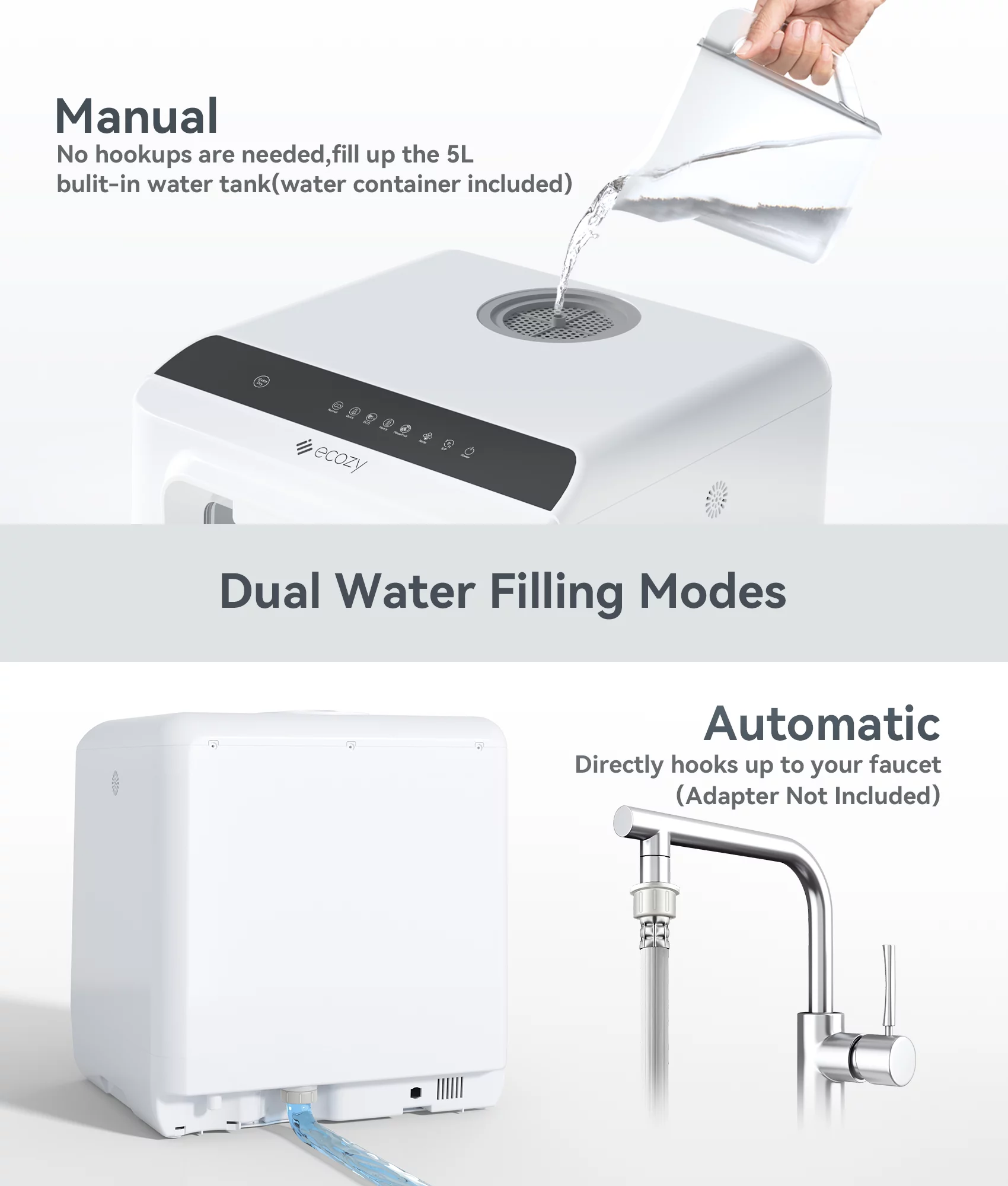 ecozy Countertop Dishwasher Portable with a Built-in 5L Water Tank, No Hookup Needed, 5 Washing Programs, Extra Dry Function, CT200A