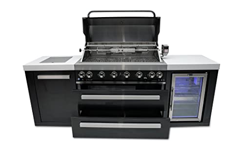 Mont Alpi Stainless Steel Island Outdoor Kitchen Gas Barbecue Grill w/Wine Cooler Compact Refrigerator Beverage Center + Granite Countertops & Sides