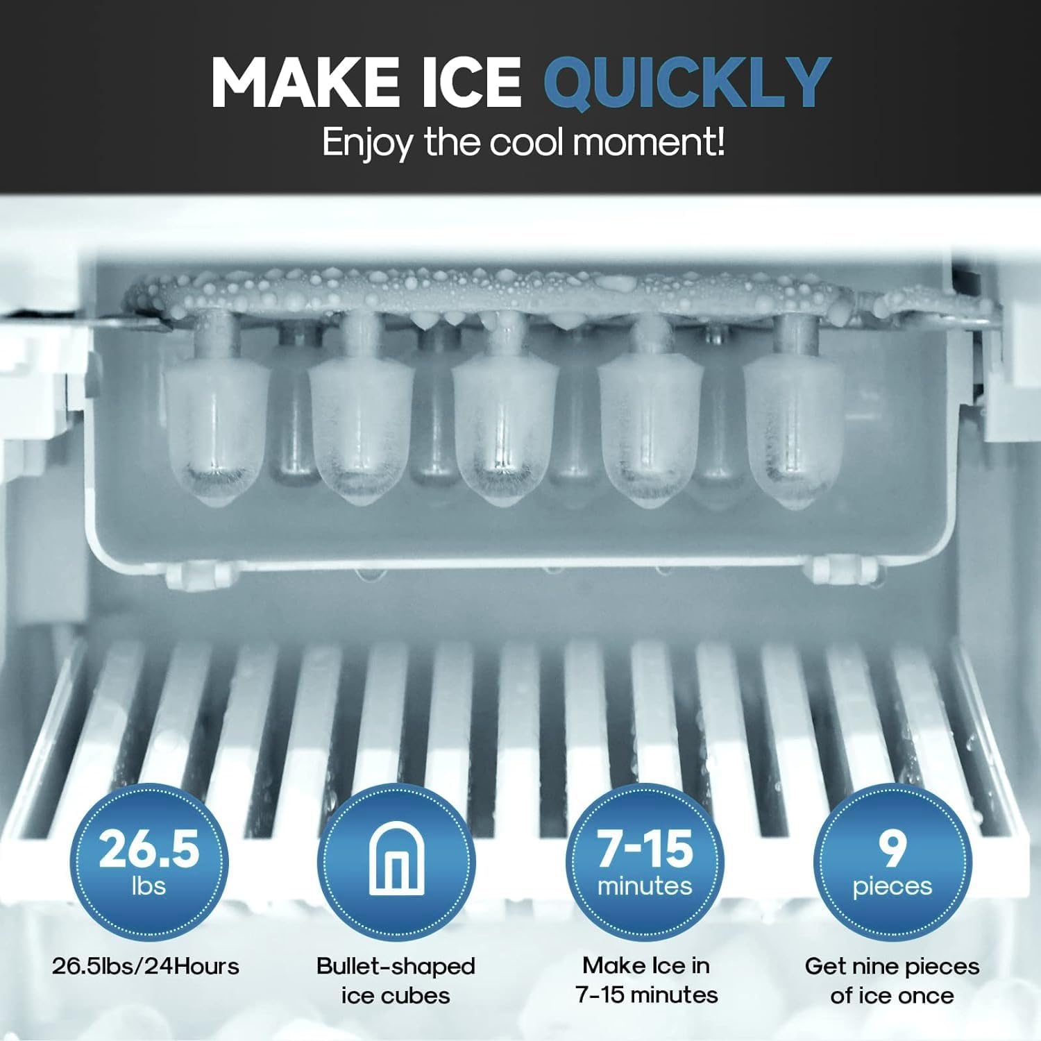 3 in 1 Water Cooler Dispenser with Ice Maker, Hot Cold Room Temp Water and Bullet Ice, Top Loading 2, 3 or 5 Gallon, 26 Lbs per 24H, Child Safety Lock, Black
