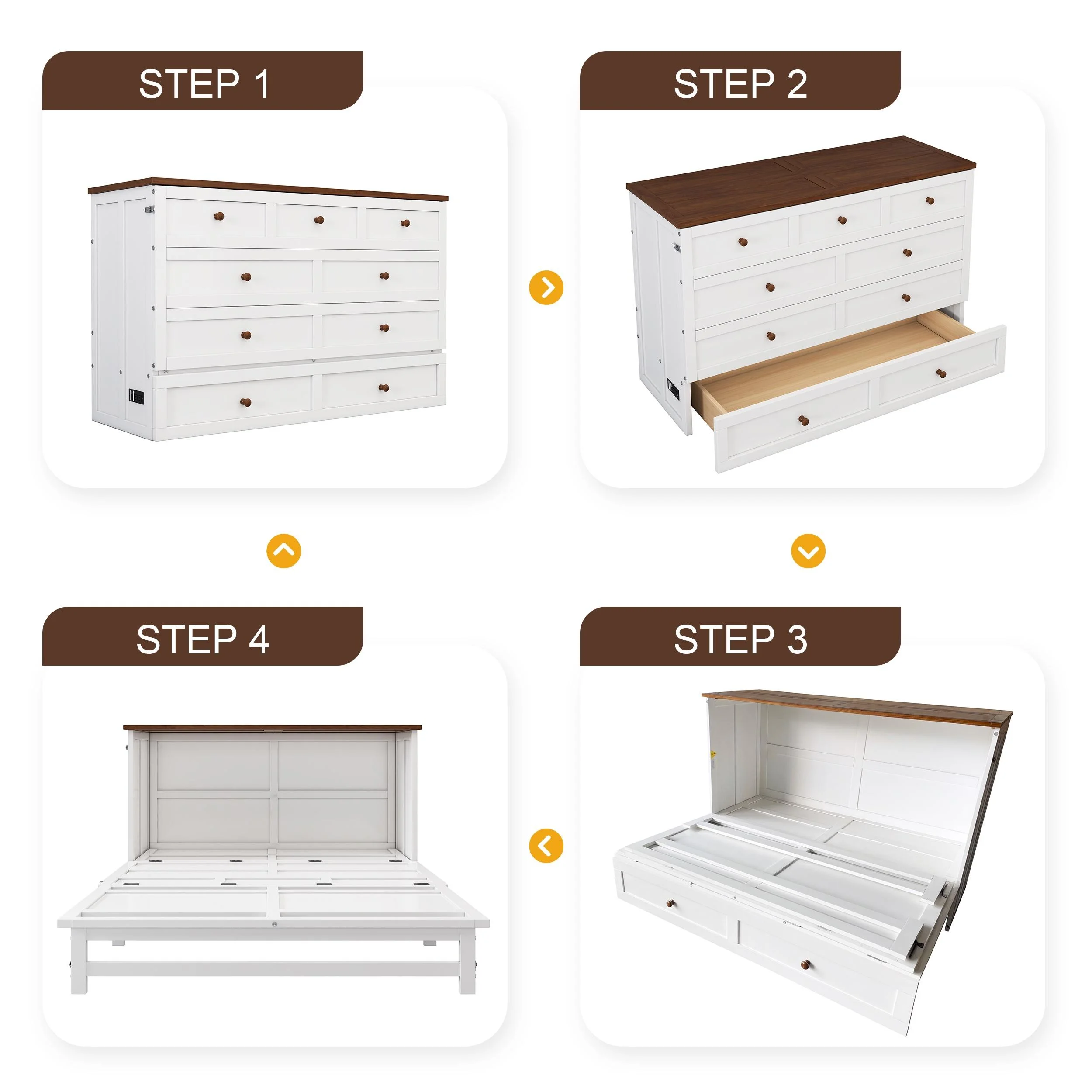 Bellemave Murphy Bed Queen with Storage Drawer, Solid Wood Queen Size Murphy Bed Cabinet with Charging Station, Easy Fold Modern Murphy Beds for Guest Room Home Office (White+Walnut)