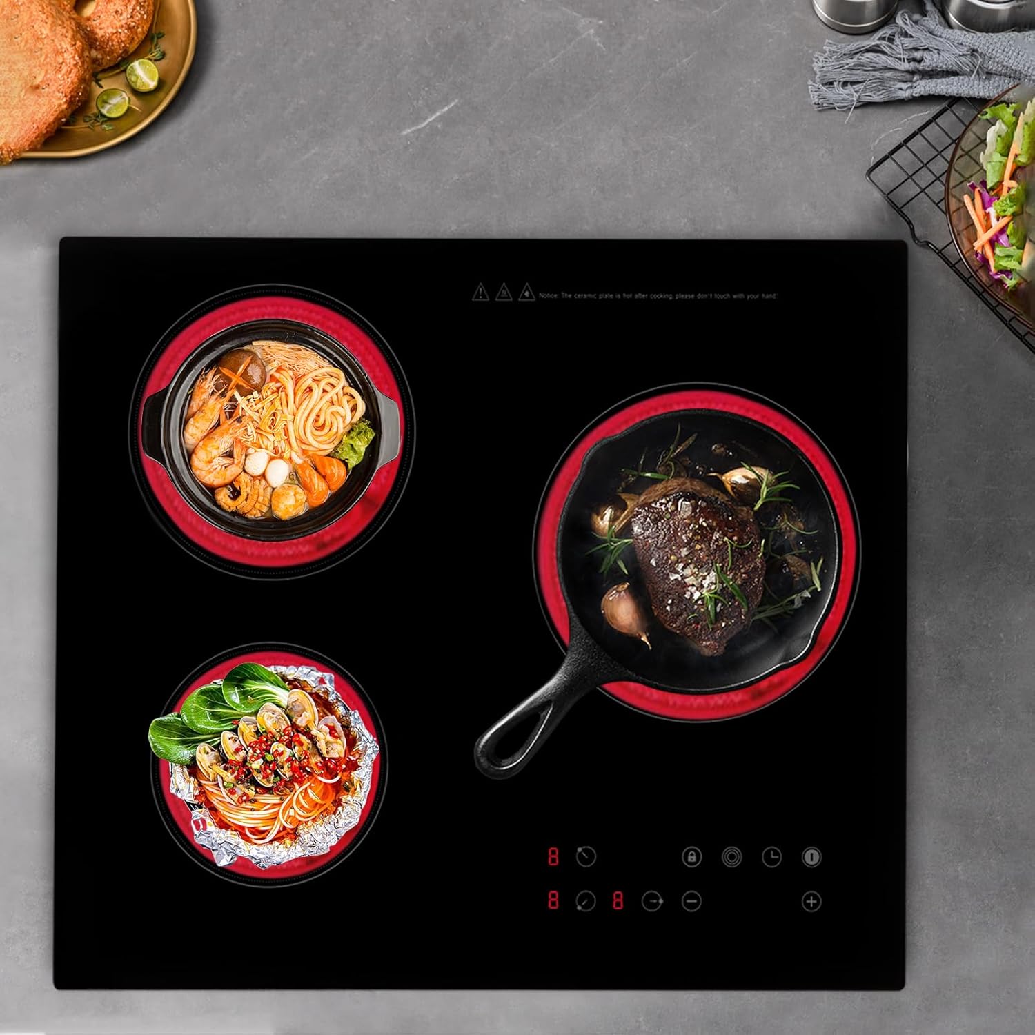 3 Burner Electric Cooktop 110v, 23 Inch Portable Electric Stove Cooktop with LED Display, Child Safety Lock and Timer, 2600W 9 Power Level Electric Ceramic Built-in Cooktop (No Plug)