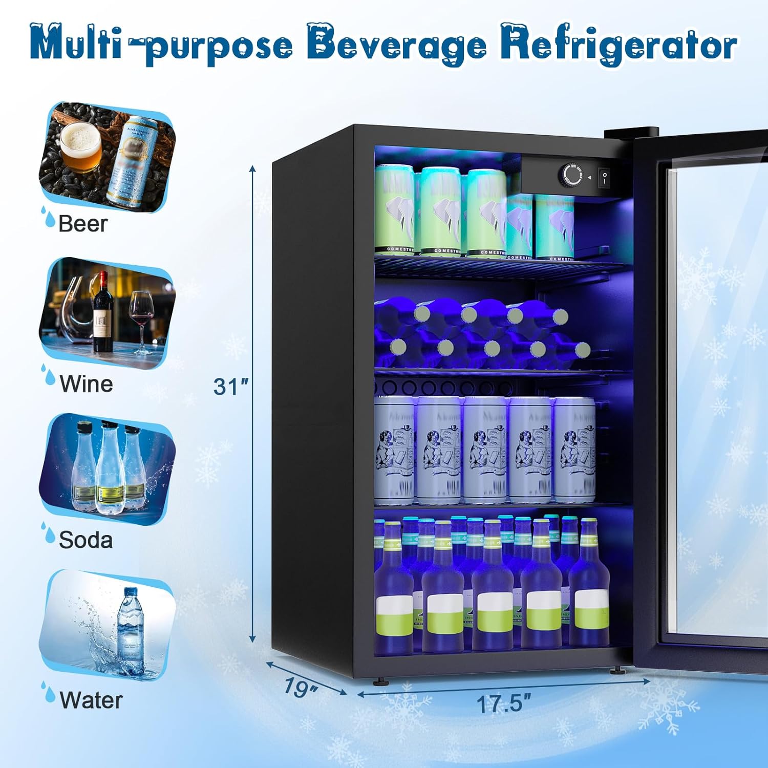Mini Beverage Fridge, 120 Can, Beverage Fridge w/Glass Door, Adjustable Shelves, LED Light & Temperature Control, Small Beverage Refrigerator for Bedroom, Home, Office, Bar, 3.2 Cu. Ft.