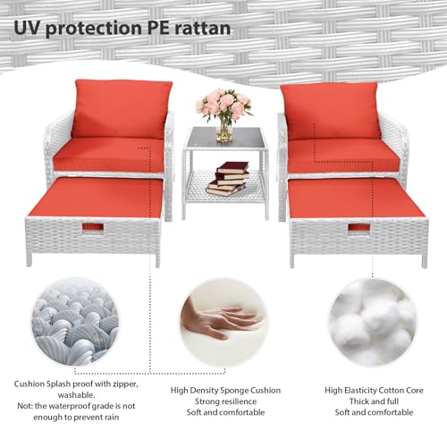 LEVELEVE Balcony Furniture 5 Piece Patio Conversation Set, PE Wicker Rattan Outdoor Lounge Chairs with Soft Cushions 2 Ottoman&Glass Table for Porch, Lawn-Brown Wicker