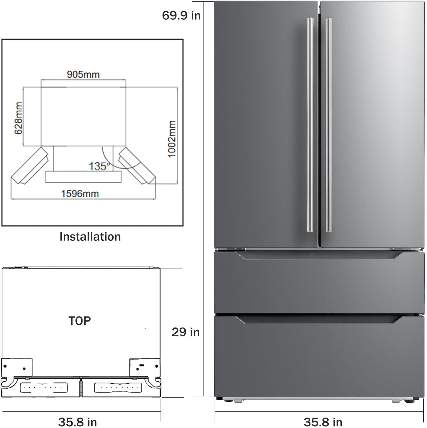Smad 36" French Door Refrigerator 22.5 Cu.Ft, Refrigerator with Ice Maker, Counterdepth Refrigerator Bottom Freezer, Automatic Defrost, Humidity Controlled, Fingerprint-Proof Stainless Steel