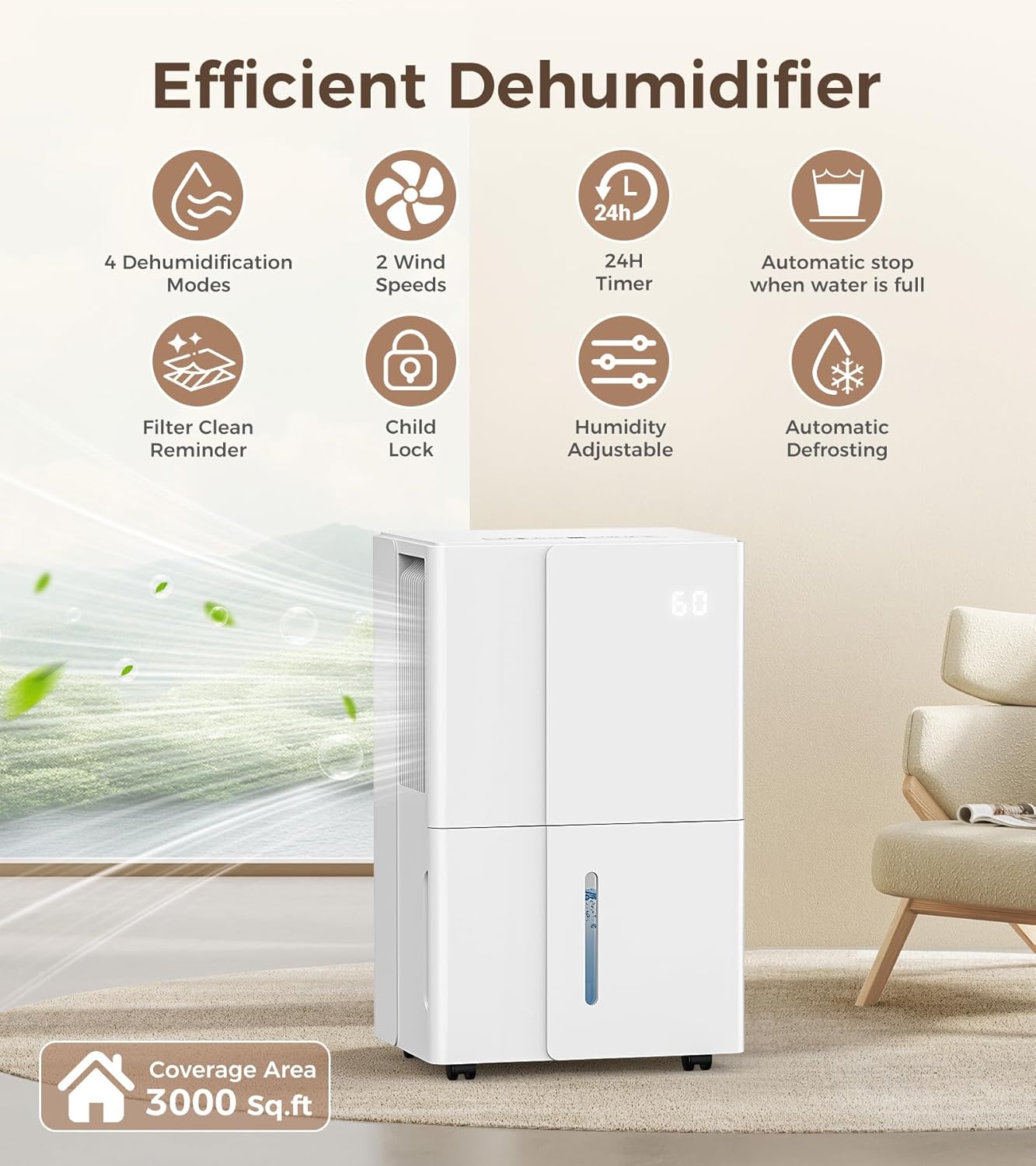 3000 Sq.Ft Dehumidifier, COWSAR Energy Star Dehumidifier with Wheels for Medium to Large Basement, Bedroom, Bathroom, Office - 35 Pints, 4 Modes, LED Display, 24H Timer, Whisper-Quiet, 1.7 Gallon Tank