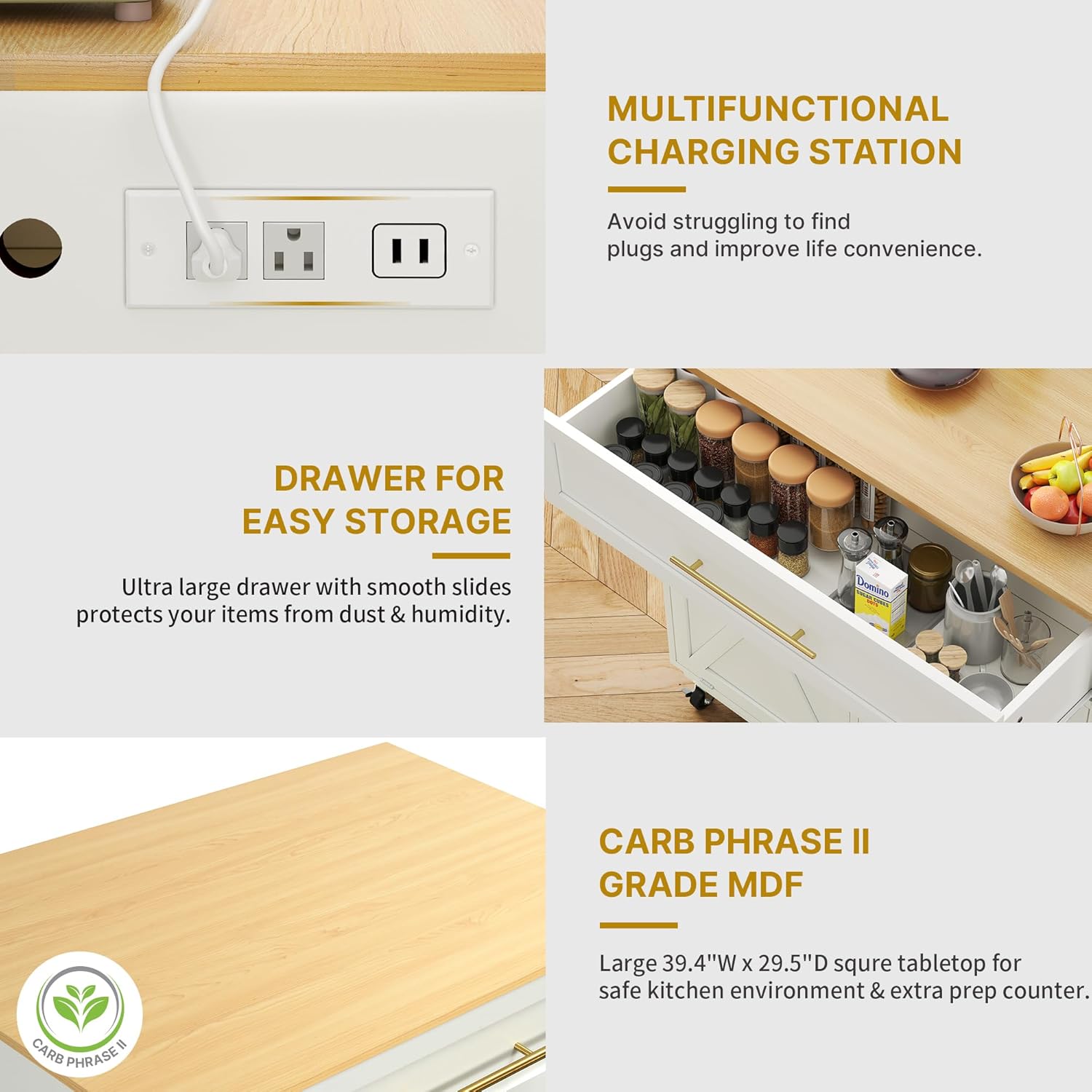 DWVO Square Kitchen Island with Double Tilt Out Trash Can Storage Cabinet, Rolling Portable Islands Table w Power Outlet Wheel Drawer Hidden 10 Gallon Garbage Bin Storage, White Oak