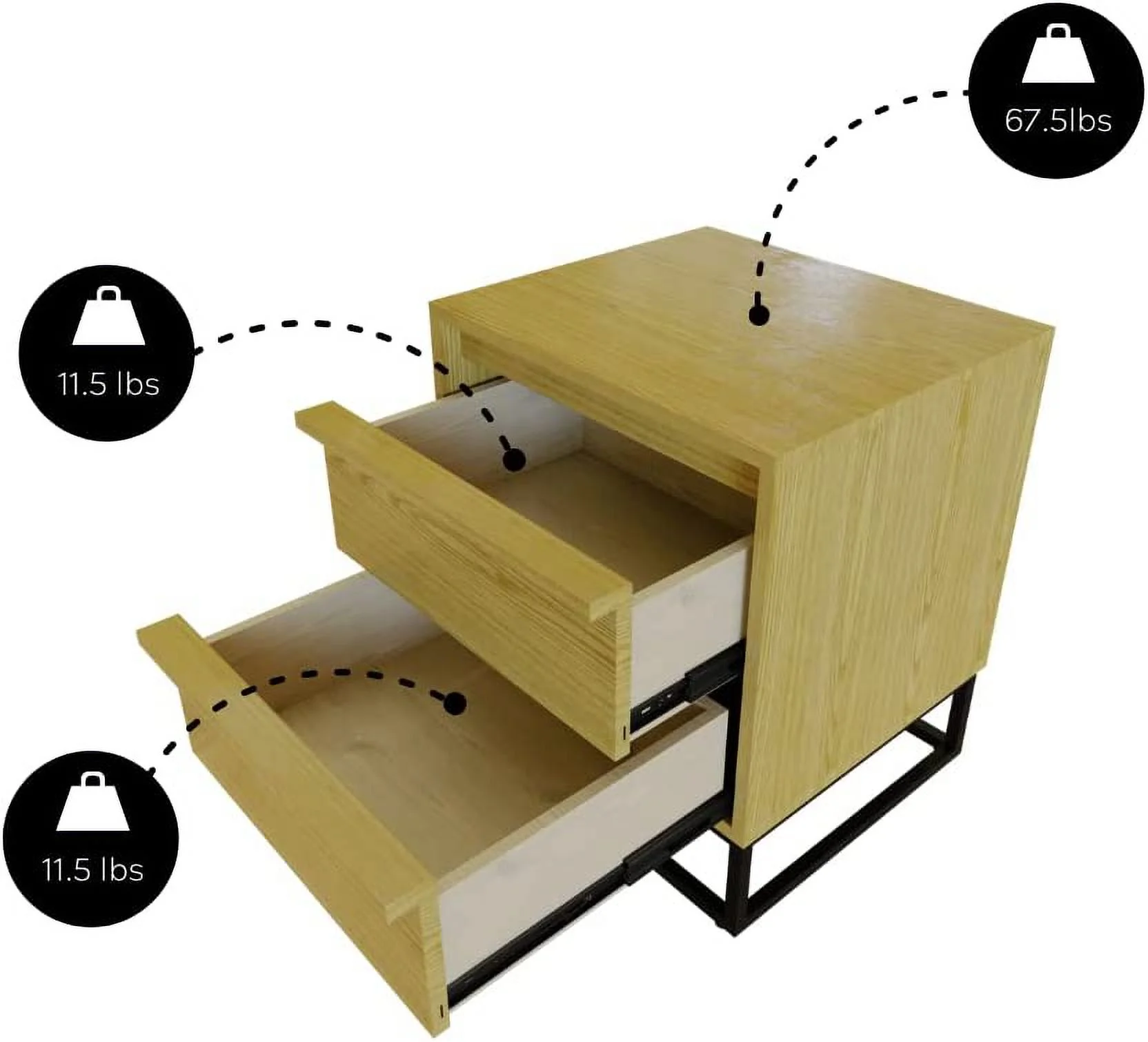 Cyra Natural Oak Nightstand - Fully Assembled Solid Wood Night Stand With Two Drawers, Black Metal Base - Ideal Wooden Nightstand For Bedroom