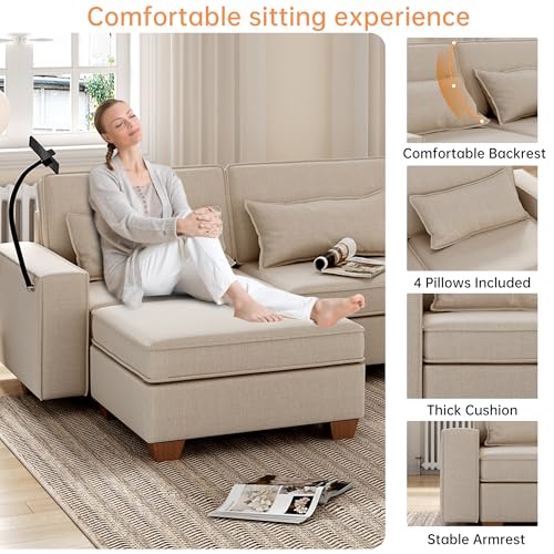 Modular Sectional Sofa, Convertible U Shaped Sofa Couch with Central Console & USB Ports, 7 Seat Modular Sectionals Couch with Chaise and Storage for Living Room, Light Grey