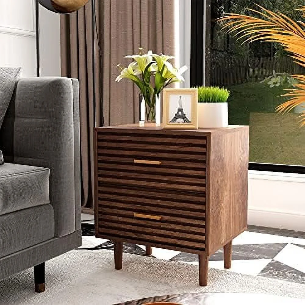 Nightstands Set of 2 End Table with 2 Drawers  Bed Side Table for Bedroom  Mid Century Modern Side Table with  Vintage Wood Accent Table for Living Room  Rustic Brown (2 Pack)