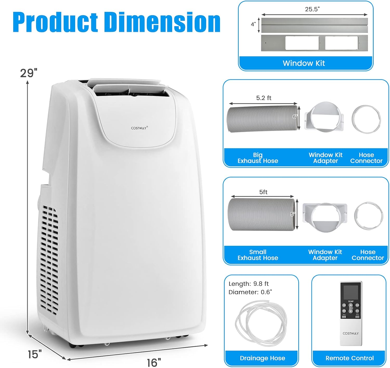 COSTWAY 11,500 BTU Portable Air Conditioner, with Dual Hose, Remote Control, Powerful AC Unit Rooms up to 400 Sq.Ft. with Dehumidifier, Fan, Sleep Mode, 24H Timer & Window Installation Kit
