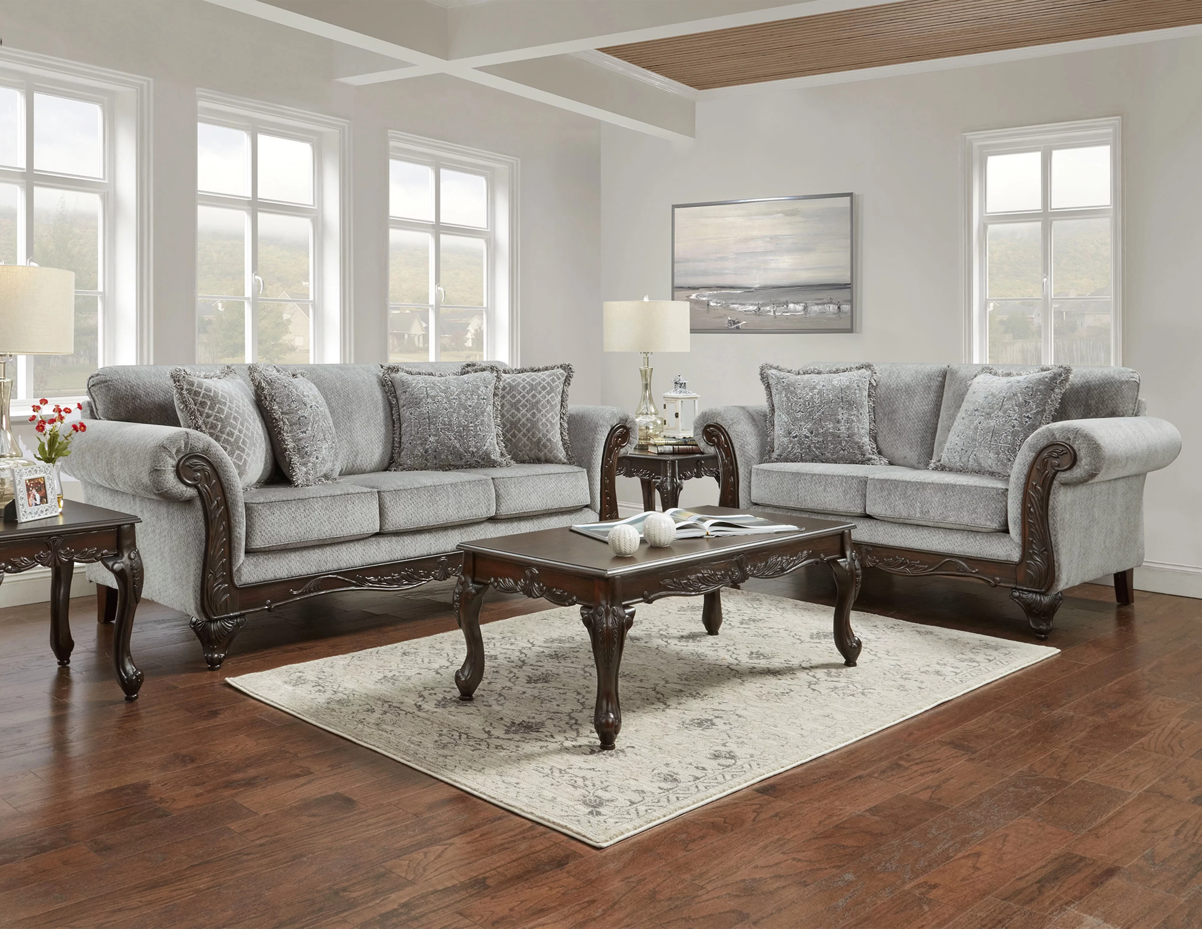 Roundhill Furniture Hernen Carved Wood Frame Polyester Sofa and Loveseat Set, Gray