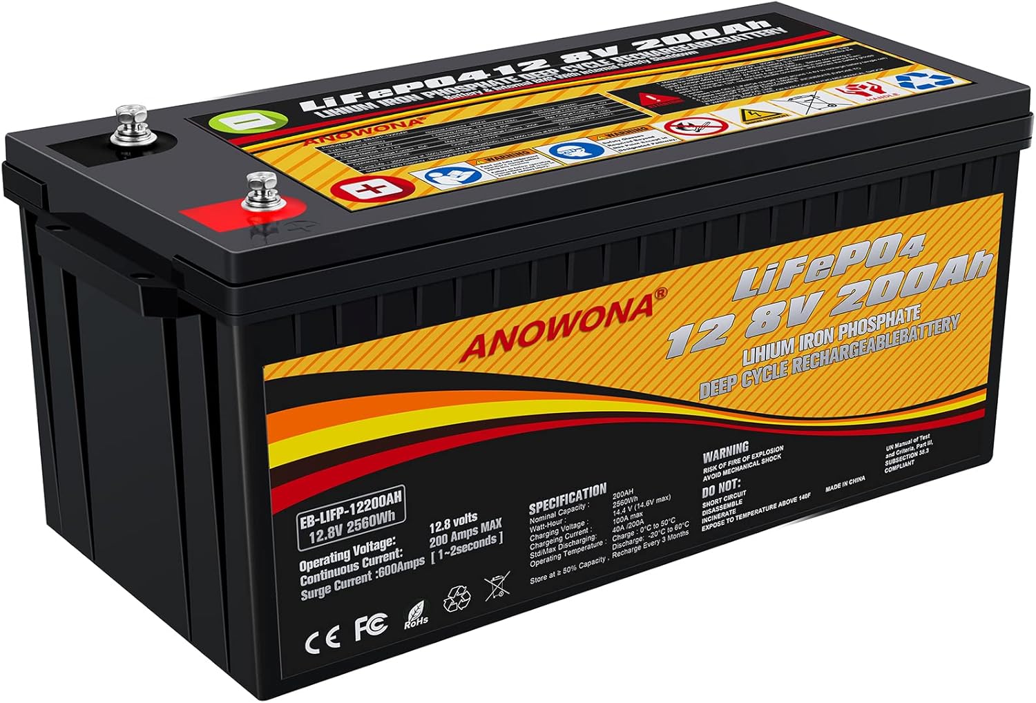 12.8V 200Ah Lithium Iron LiFePO4 Deep Cycle Battery, Built-in 100A BMS, 2000+ Cycles, 280amp Max, Perfect for RV, Solar, Marine, Overland, Off-Grid Application (12.8V200AH)