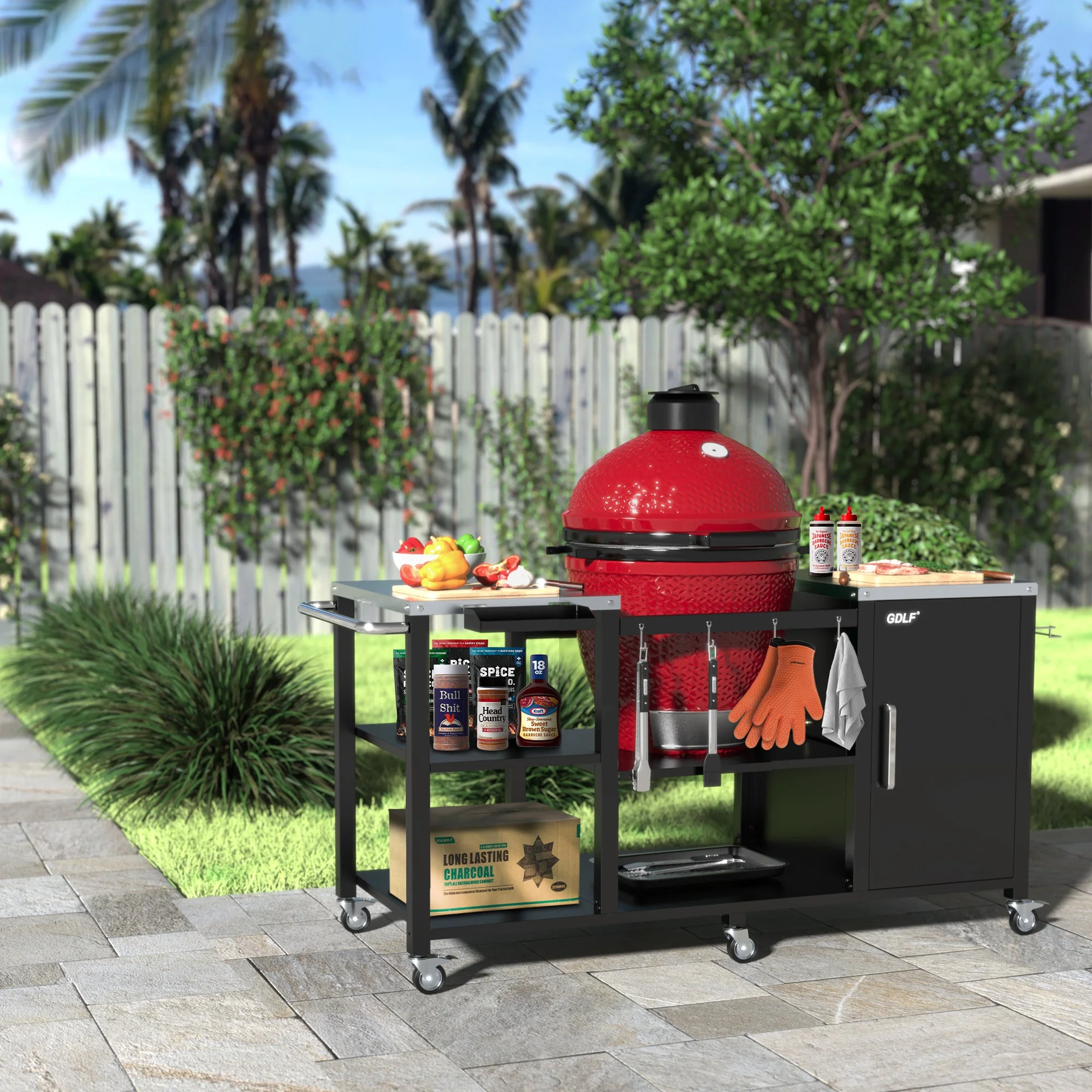 GDLF Table Compatible with Big Green Egg Grill Heavy Duty Metal Green Egg Stand with Accessories Storage
